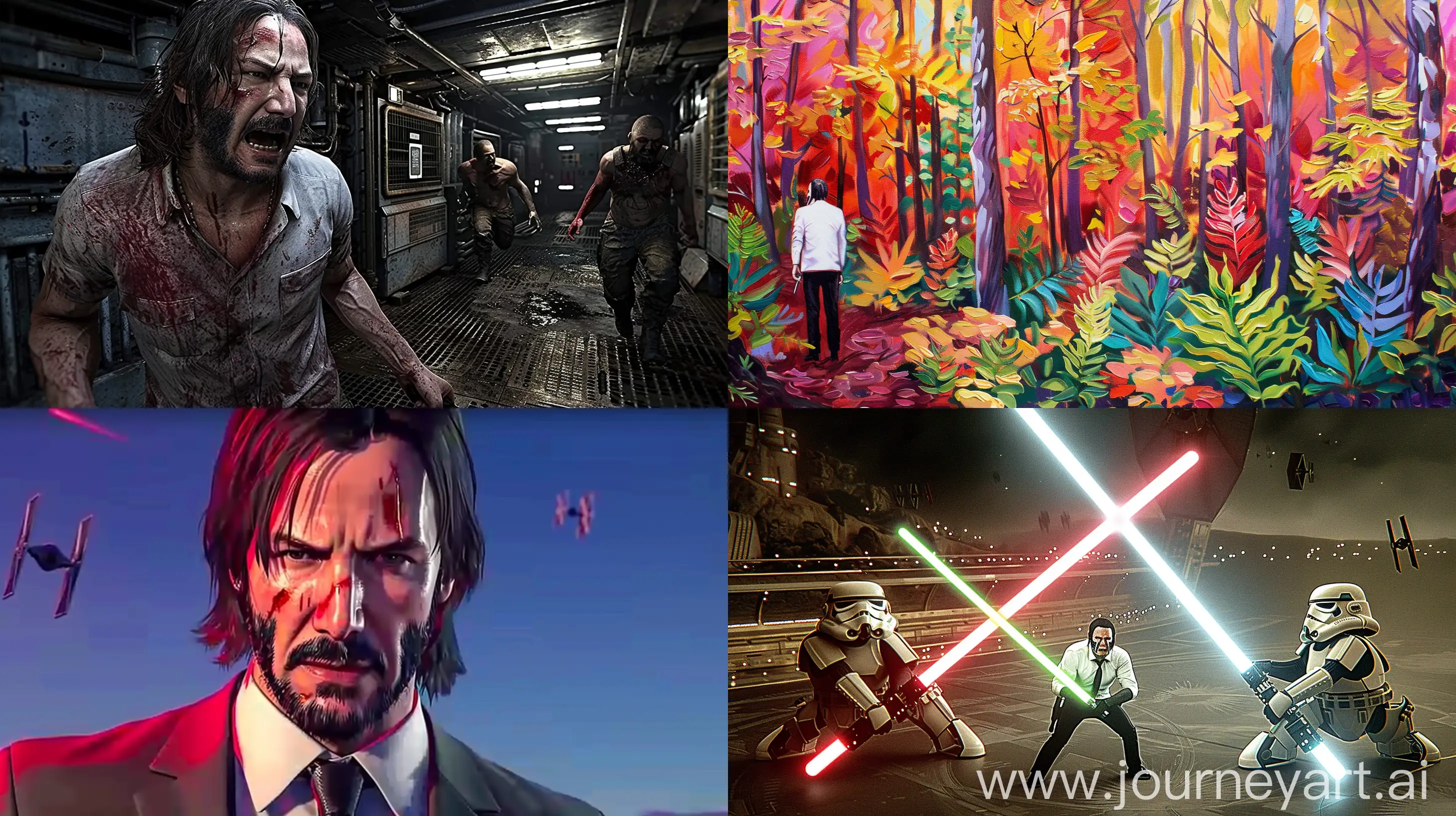 oil painting of john wick in white shirt in star wars style with bright red colour palette, matte painting, unreal engine, --ar 16:9 --uplight --c 100