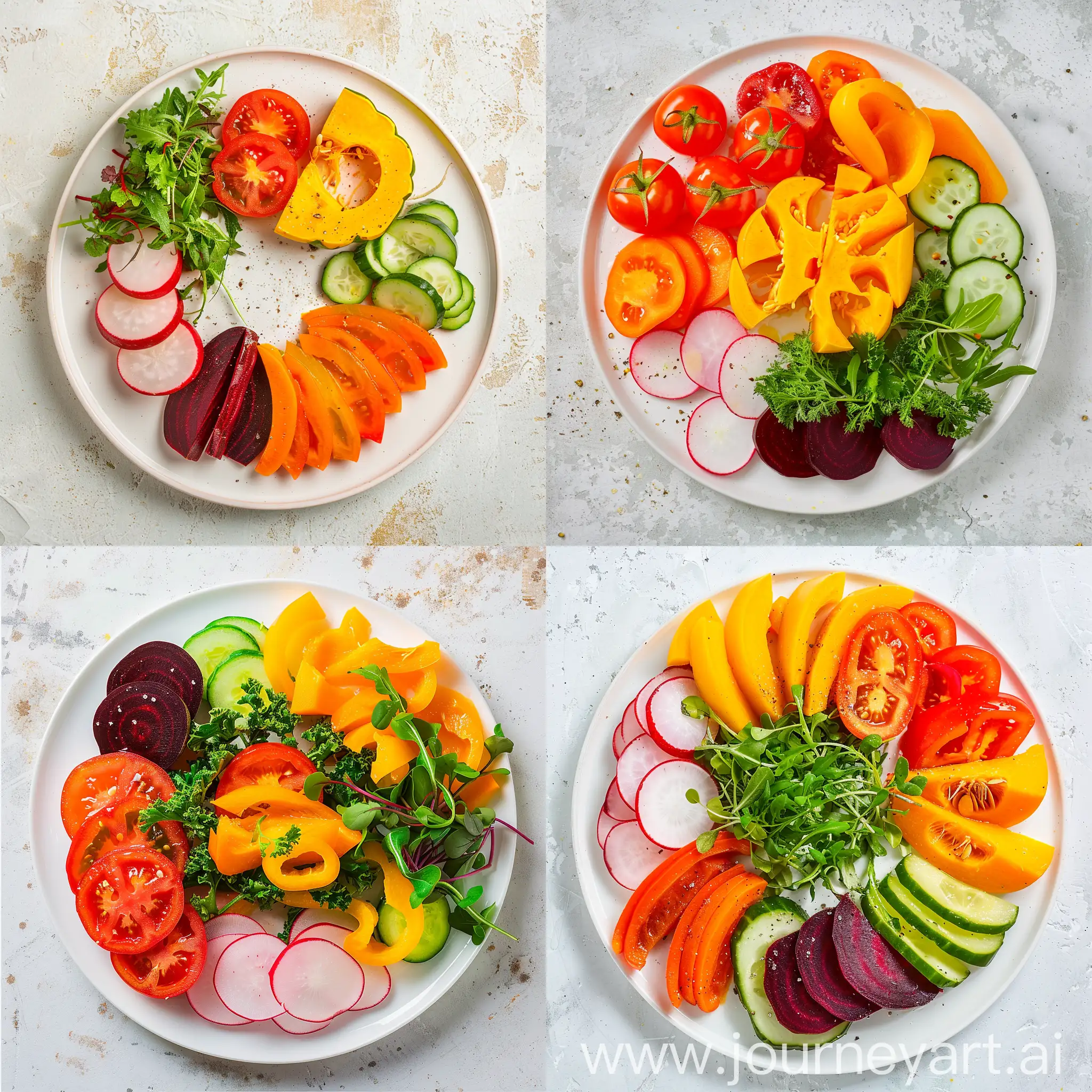 Болгарский перец, редис, помидор, огурец, морковь, тыква, свекла и зелень красиво нарезаны в белой тарелке на светлом фоне вид сверху