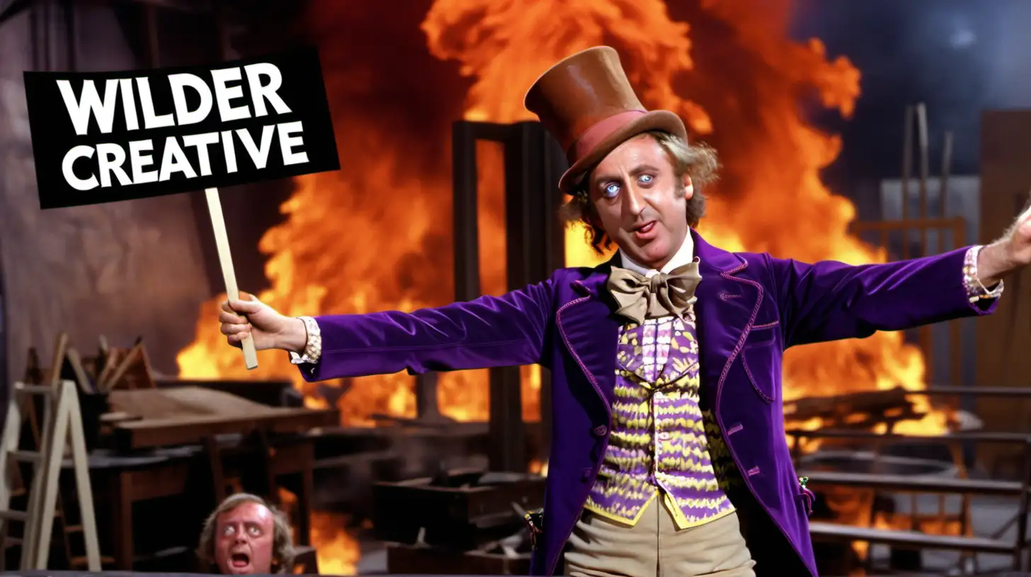 willy wonka gene wilder in a furniture workshop, it's on fire, with a banner saying "Wilder Creative", really mean, angry, slaves in the background