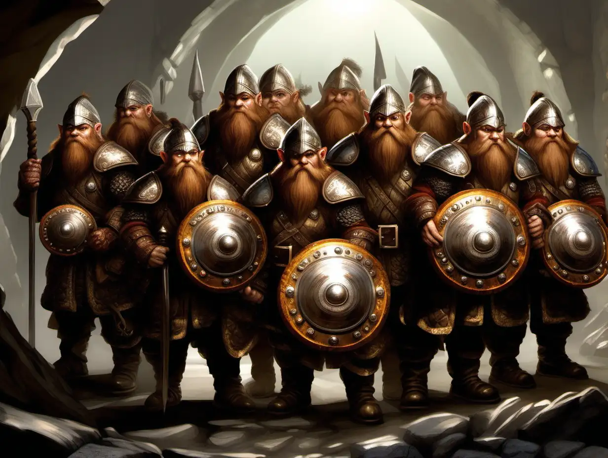 fantasy art dwarf regiment holding shiny mirror round shields