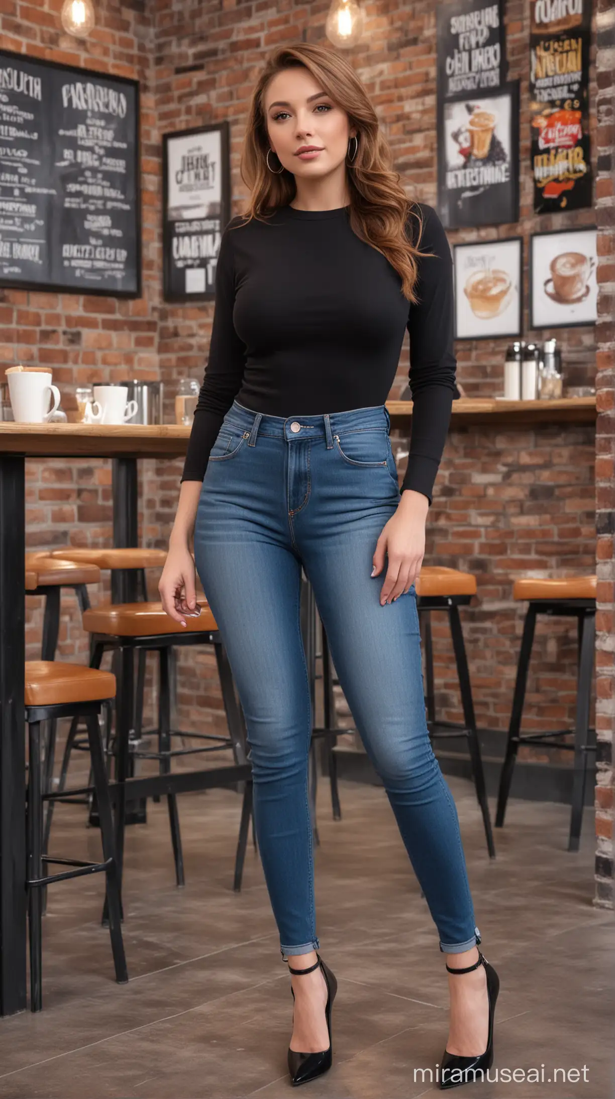 4k Ai art front view beautiful USA girl ear tops high heels multiple colour jeans and black full sleeve shirt in USA coffee shop