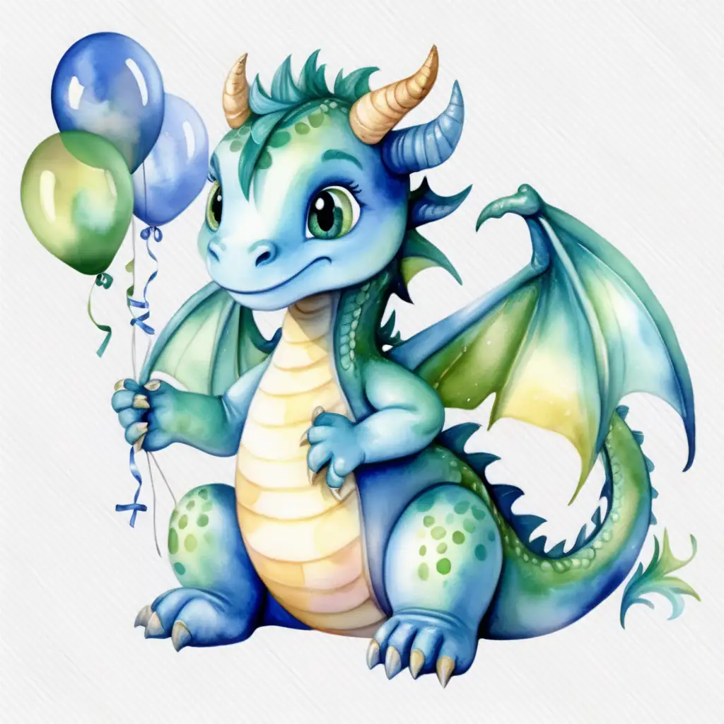 blue and green boy birthday watercolor baby dragon on transparent background