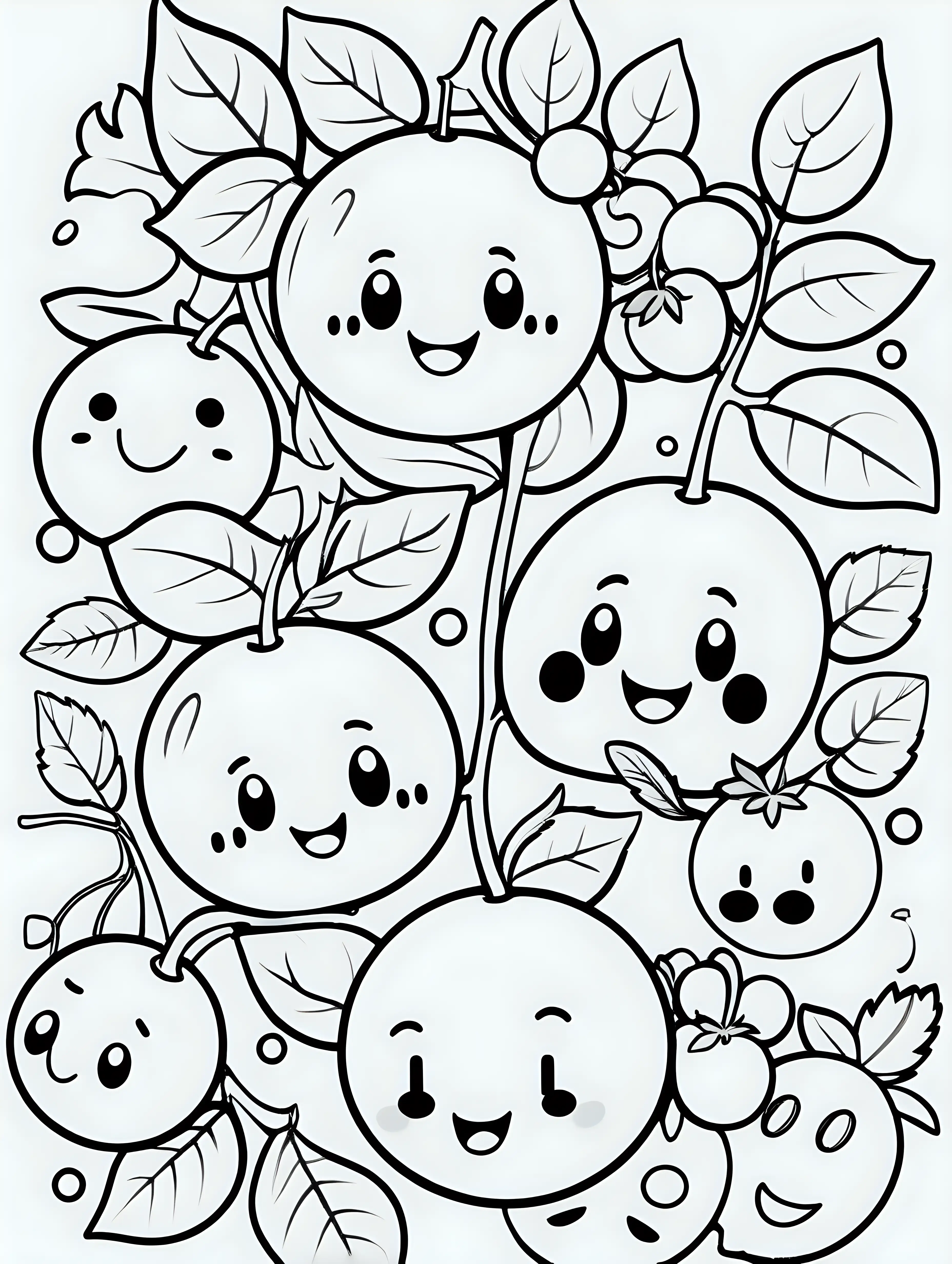 Adorable Cartoon Drawing of Clean Black and White Coloring Book with Cute Large Berries on White Background