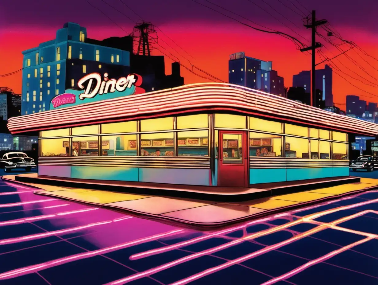 A painting of a 1950's-era diner in a neon city at twilight. Light trails, bright neon colors, dramatic lighting, Pop-Art, Art Nouveau.