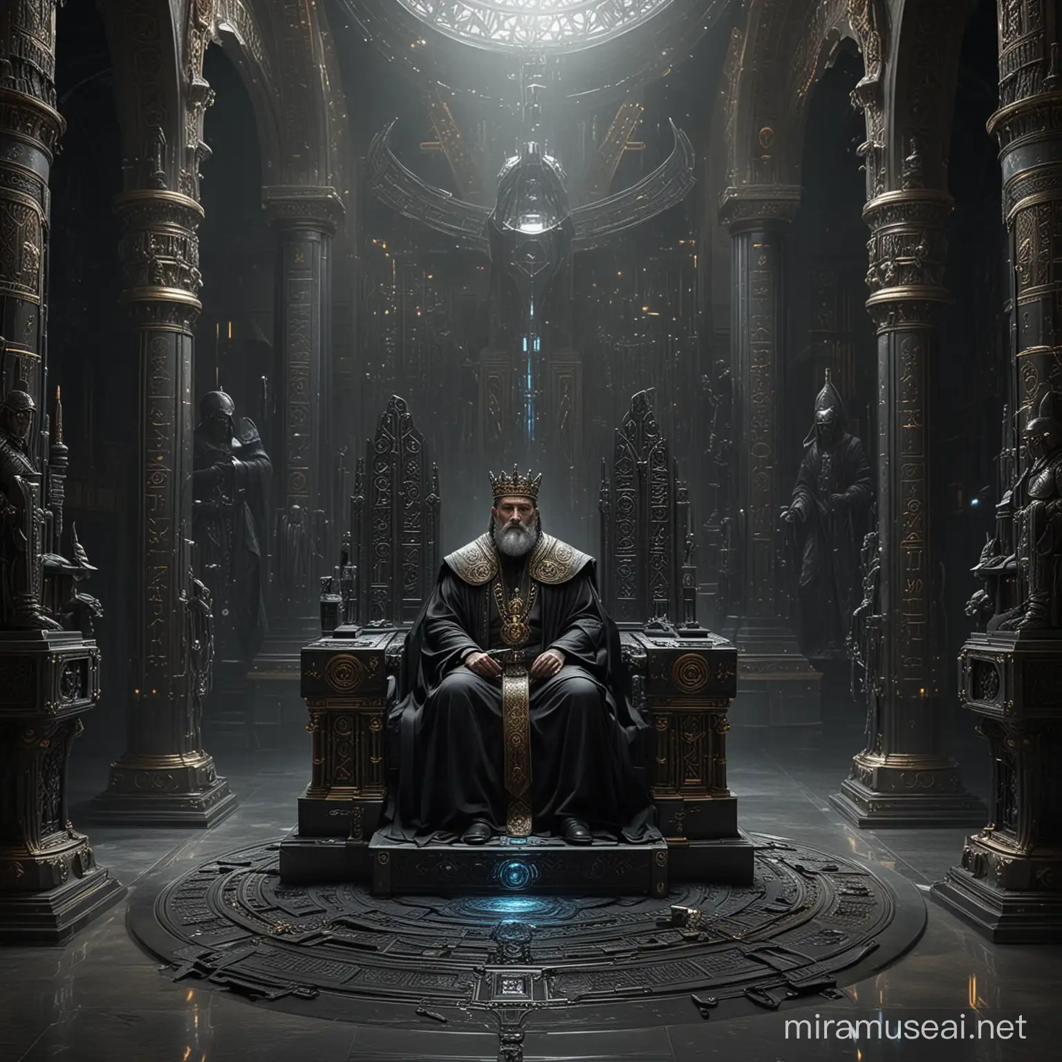 Hiperrealistic picture, In a futuristic cityscape blending medieval opulence with advanced technology, the King of the Pharisees sits upon a throne of polished obsidian, adorned with holographic symbols of authority. His robes shimmer with nanotech fabrics, while cybernetic enhancements augment his gaze. With a voice amplified by unseen technology, he commands his courtiers in a chamber where ancient scriptures intertwine with hovering drones, embodying a figure of tradition and futurism in equal measure.