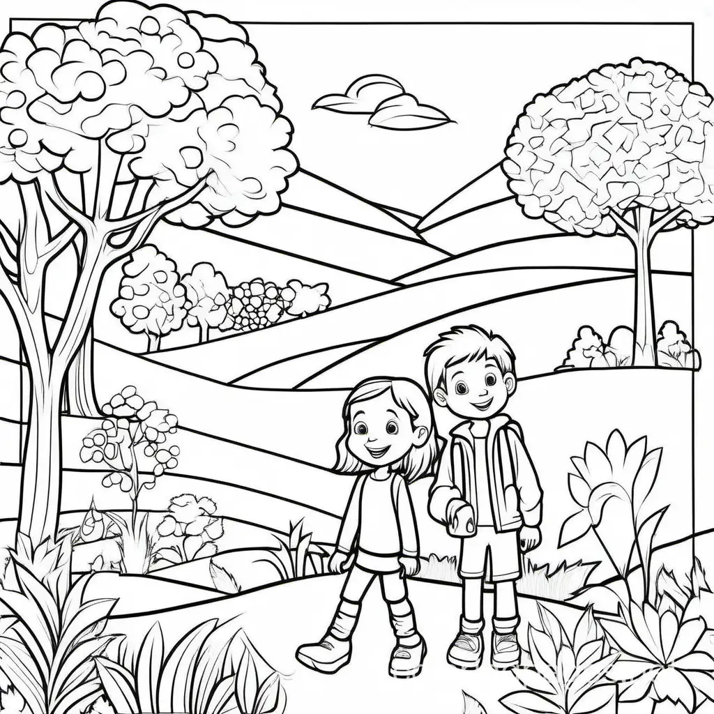 children enjoying nature, Coloring Page, black and white, line art, white background, Simplicity, Ample White Space. The background of the coloring page is plain white to make it easy for young children to color within the lines. The outlines of all the subjects are easy to distinguish, making it simple for kids to color without too much difficulty
