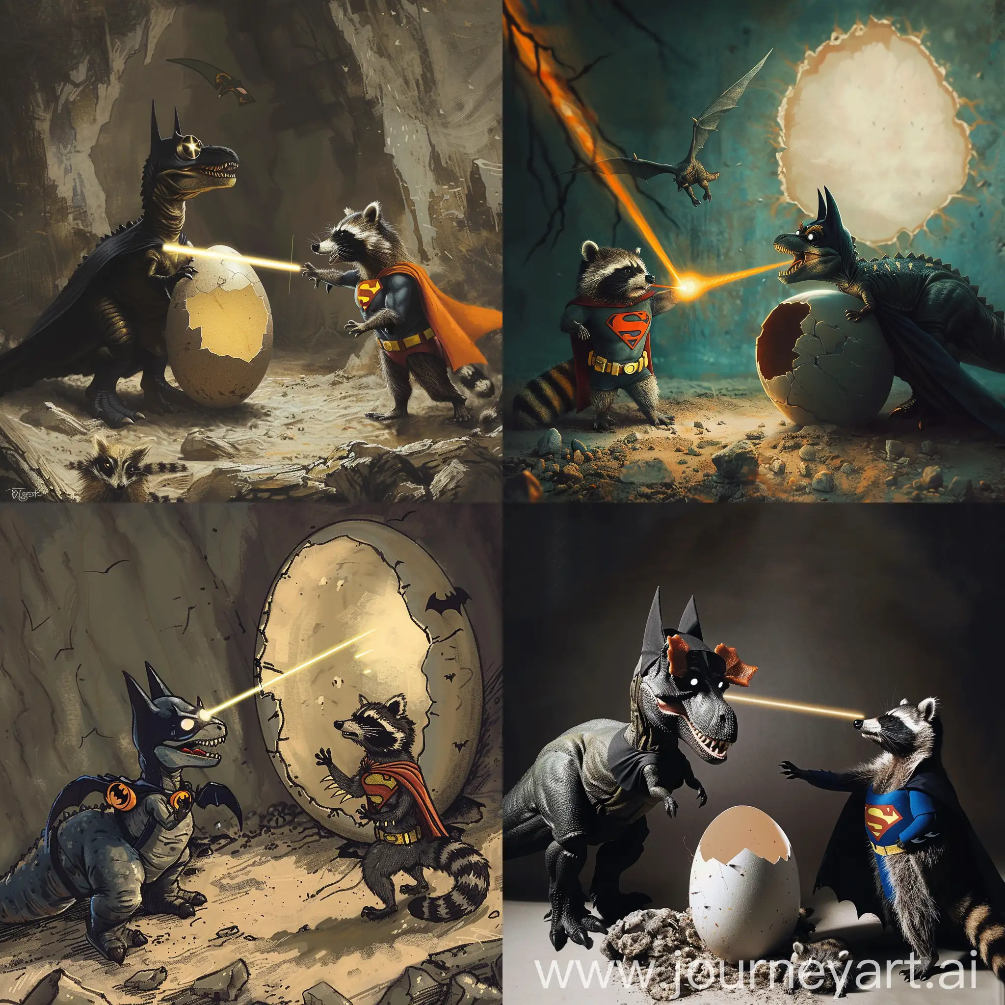 A dinosaur dressed as batman comes out of an egg and shoots laser from his eyes towards a racoon dressed as superman