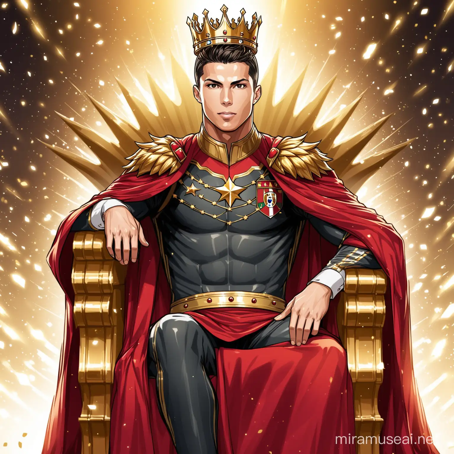 Haz a Cristiano Ronaldo sentado en un trono con una corona 