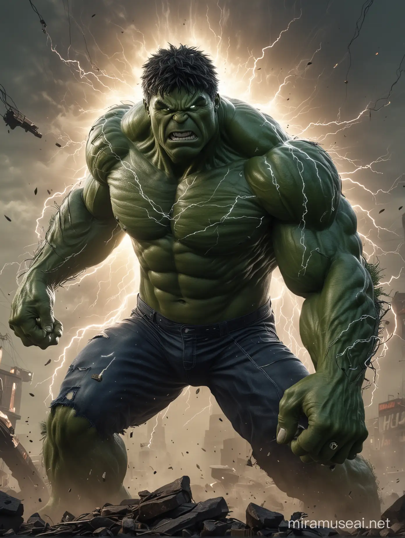 "Midjourney AI immerses users in a thrilling adventure featuring a reimagined Hulk endowed with electrifying superpowers. In this electrifying rendition, the Hulk's eyes crackle with raw energy, reflecting his mastery over electricity. Each pulsating surge illuminates his surroundings, casting a mesmerizing glow that hints at the immense power coursing through him. With every thunderous step, the ground trembles as bolts of lightning dance around him, underscoring his formidable presence. Through its narrative, Midjourney AI invites audiences to witness the electrifying transformation of the Hulk, showcasing a captivating fusion of raw power and dynamic expression that electrifies the imagination."