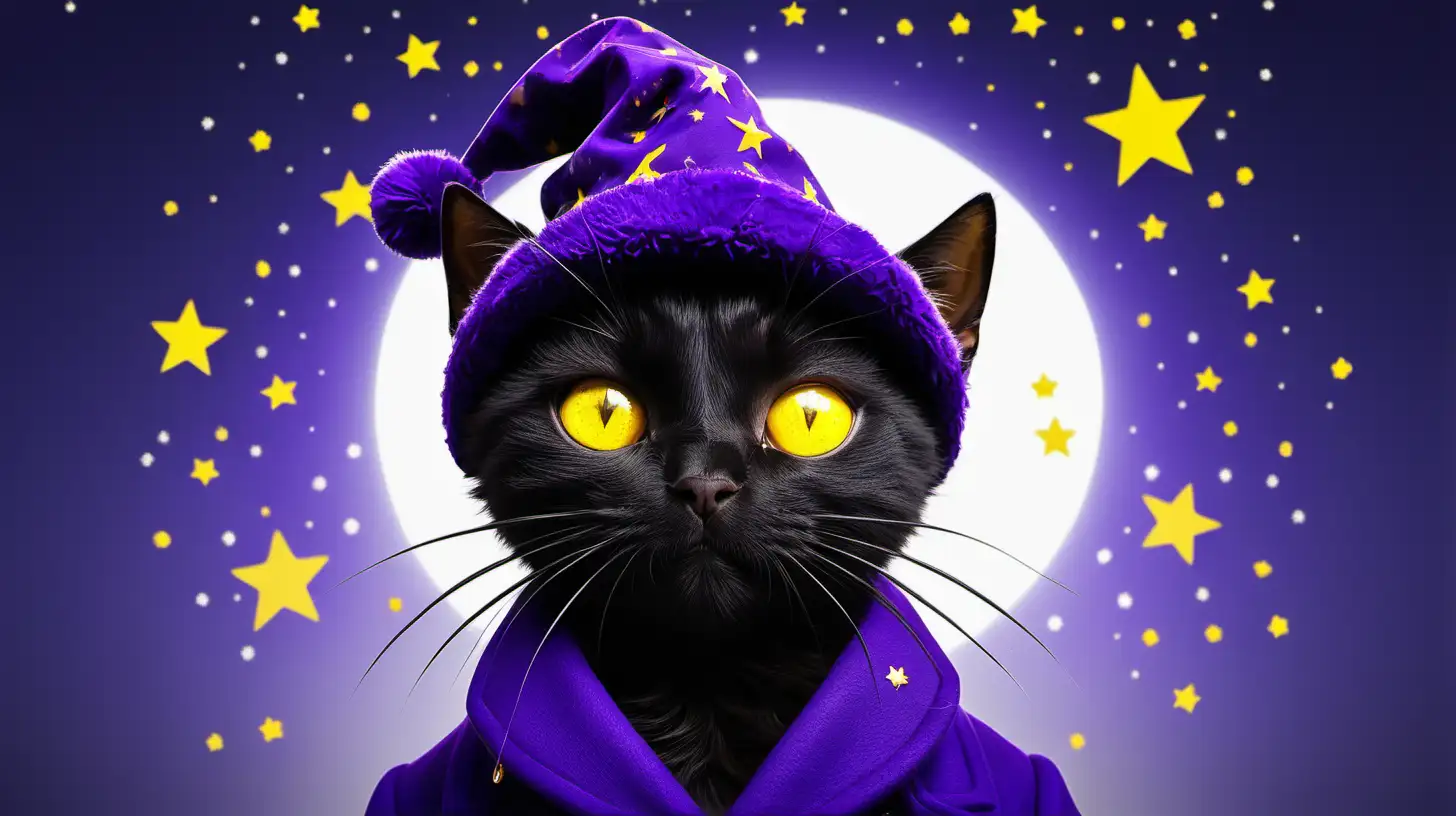 A BLACK CAT WITH YELLOW EYES A PURPLE HAT WITH YELLOW STARS AND A OVERCOAT