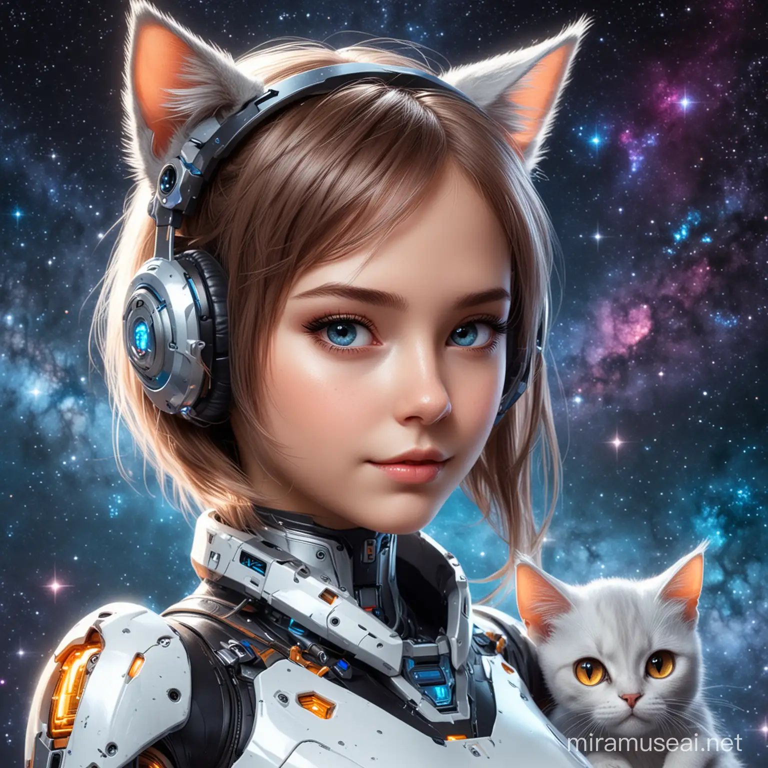 Futuristic Robochick with Cat Ear in Cosmic Setting
