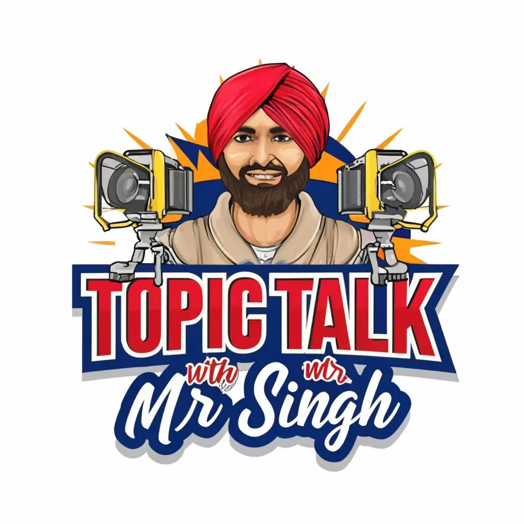 logo, young turban guy, camera, mike, with the text "topic talk with Mr. Singh," typography, be used in the entertainment industry. make face more realistic, close the logo in a circle. round Muschette.