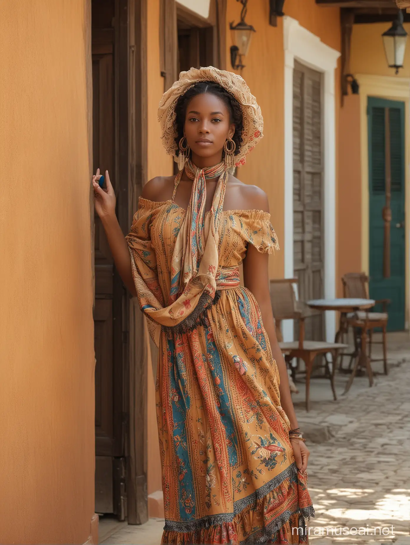 the beautiful carribean 1800s woman wearing a carribean dress an a elegant carribean colorful woman's scarf that entirely hides her hair walking in a near 1800s carribean house. in the style of light brown and dark black, 1800 s carribean influences, fashwave, candid celebrity shots, uhd image, body extensions, natural beauty --ar 69:128 --s 750 --v 5. 2