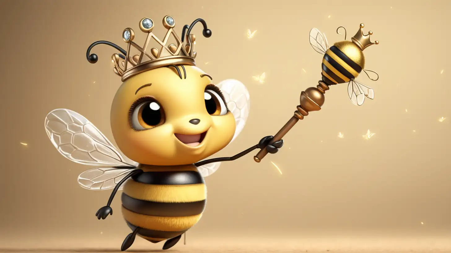 一只可爱的小蜜蜂戴着皇冠拿着权杖在飞舞