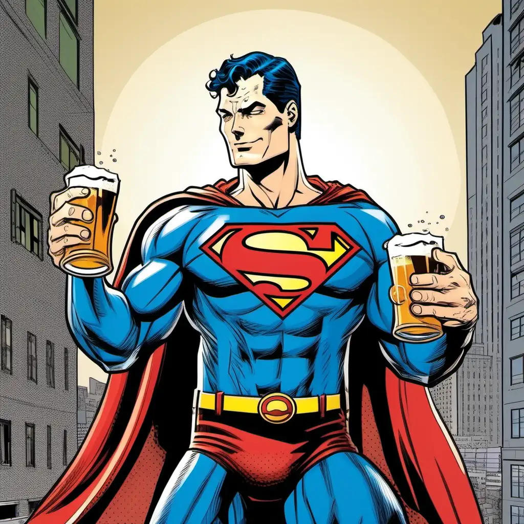 Superman Relaxing with a Cold Beer in Comic Style