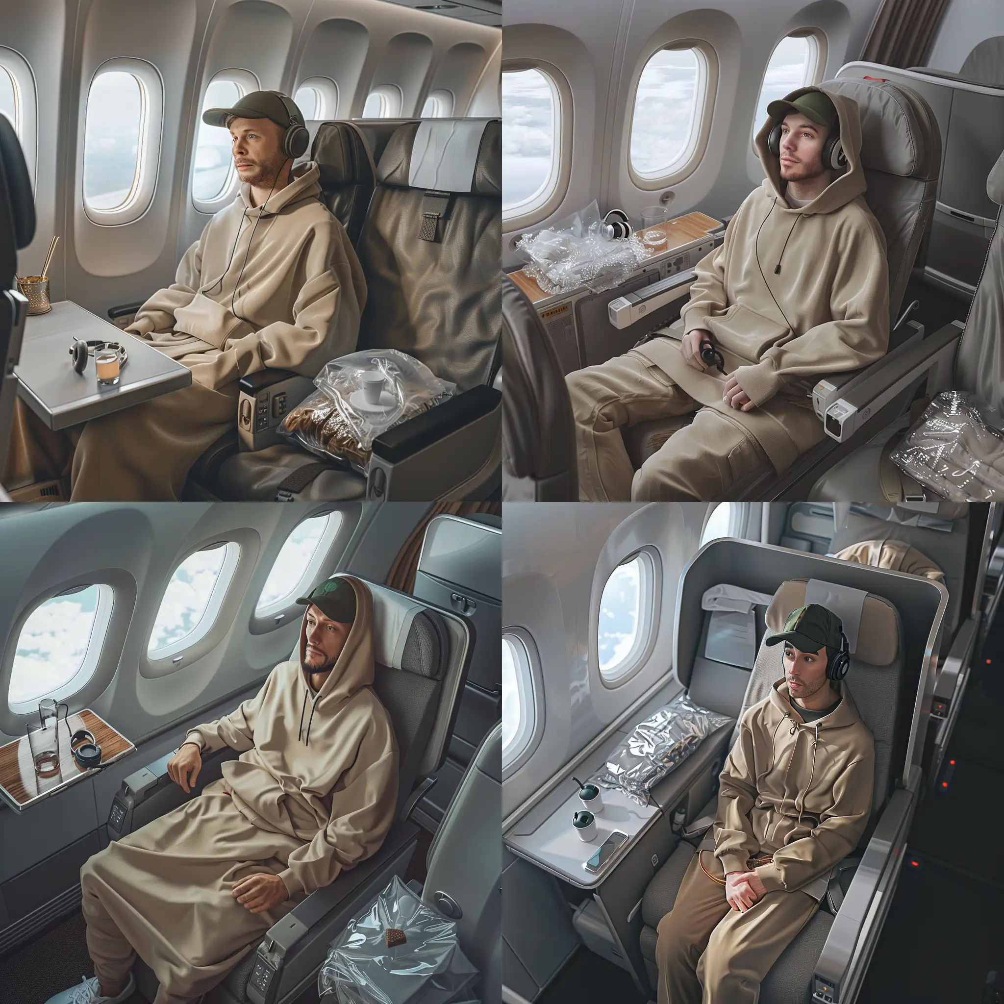 Photorealistic photo of a man seating comfortably in a spacious, grey airplane seat, wearing a beige hoodie and a dark green cap, he is looking forward, the camera is shooting from the top side angle, two windows are visible to the left of the person, letting in natural light, a small table is extended from the side of the seat, holding headphones and two empty cups, there’s a plastic-wrapped item, possibly a blanket or amenity kit, placed beside the person on another seat, intricate details, hyperrealistic, 