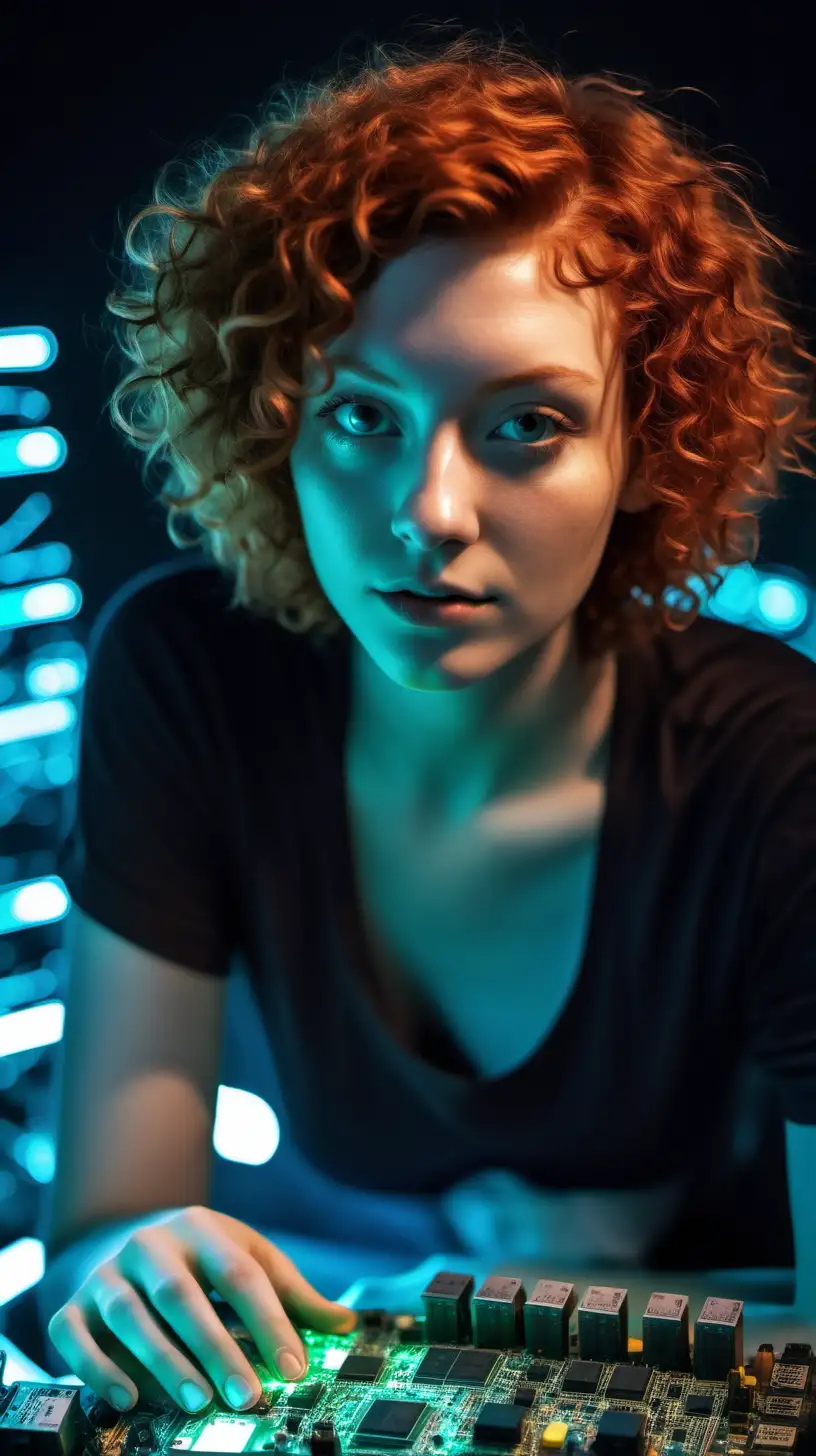 ginger curly short hair,   in the middle of q giqnt circuitboard, chip m and ram, neon light, older






