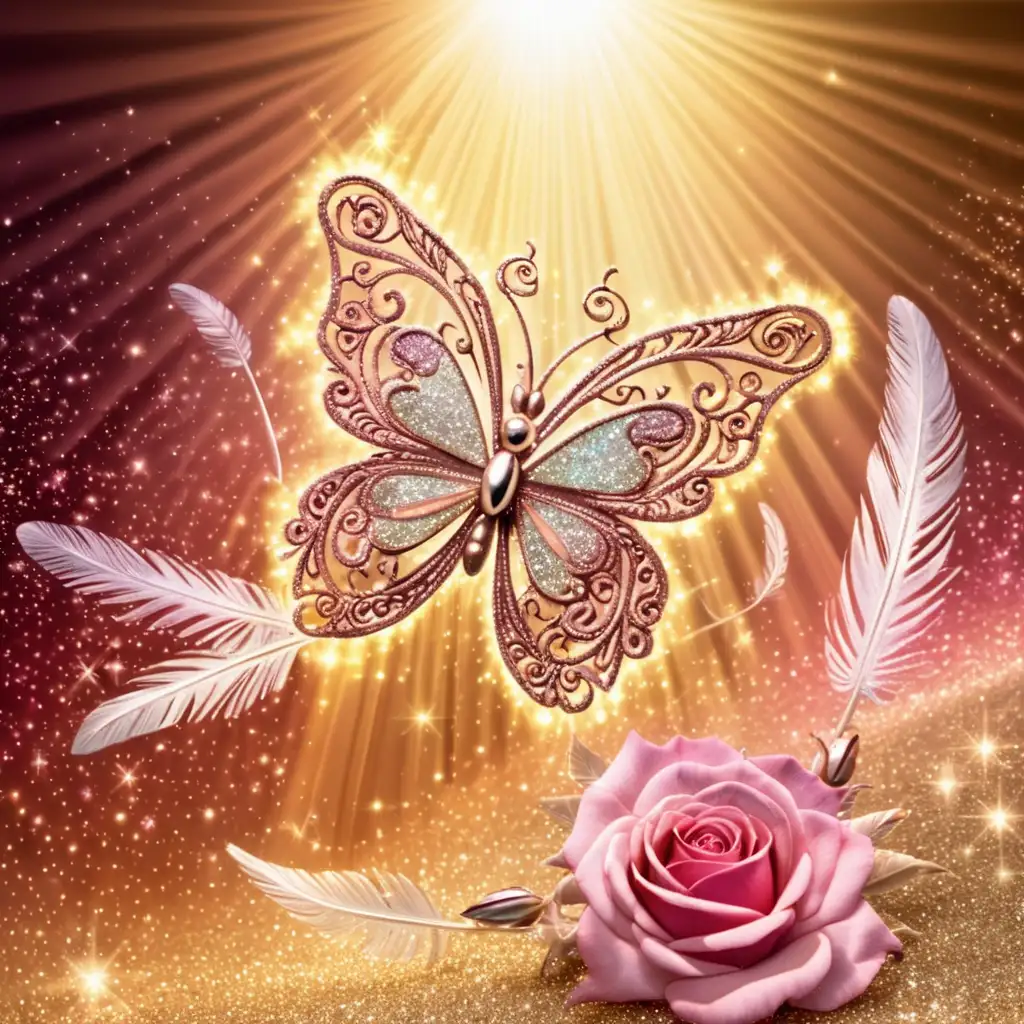 feather winged butterfly, sun rays, glittersplash background, glitter, glitter dust, glowing, sparklecore, filigree, roses