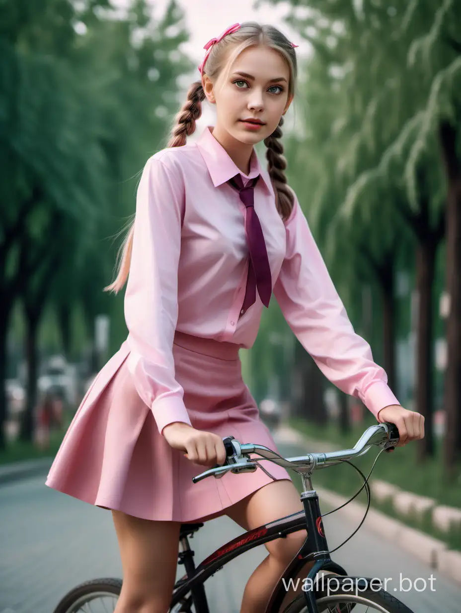 The most beautiful Russian highly intelligent secretary, young girl with pigtails, short skirt, pink blouse, full-length image, riding a bicycle, beautiful, aesthetic, high-detail