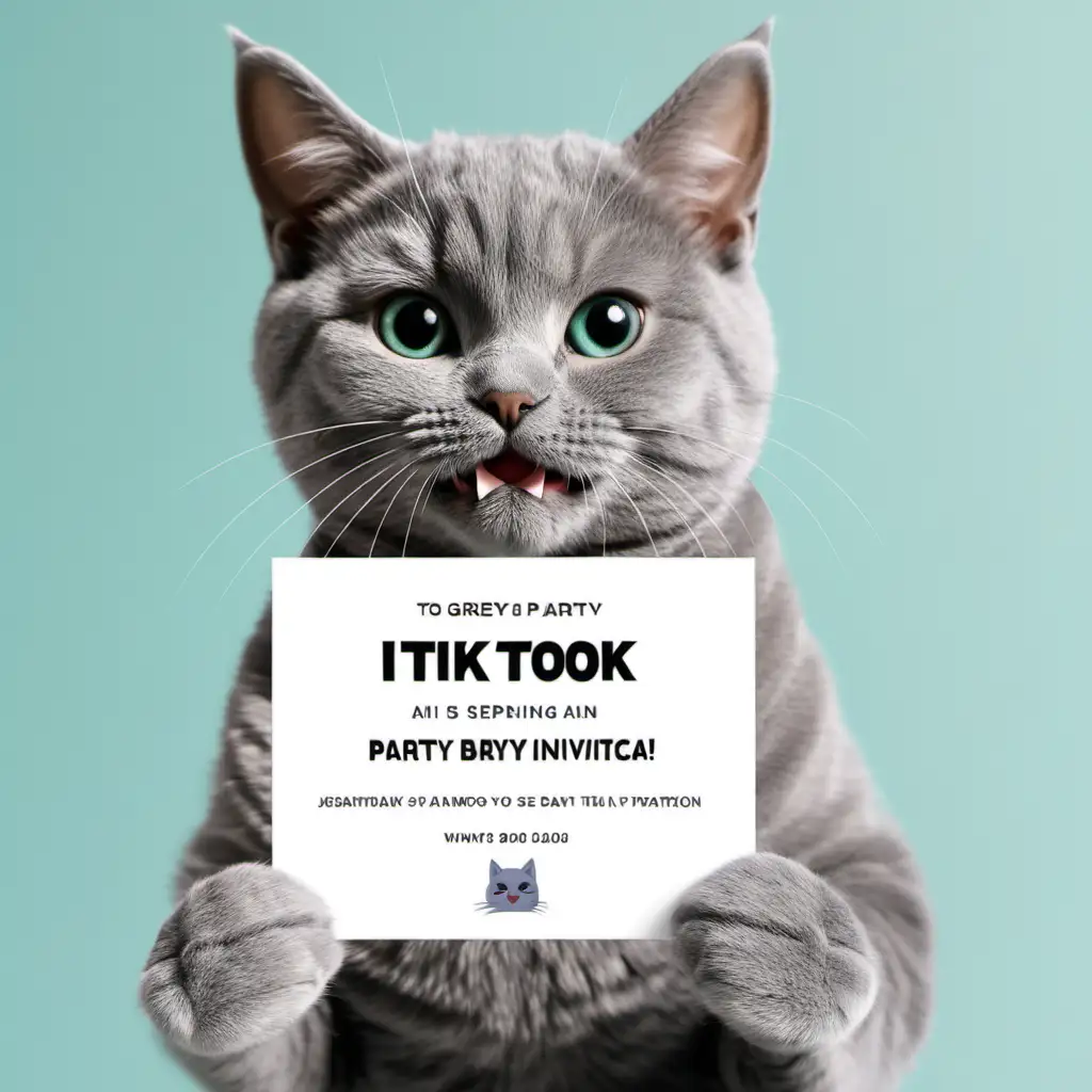 Picture for it tiktok of a grey cat opening a party invitation