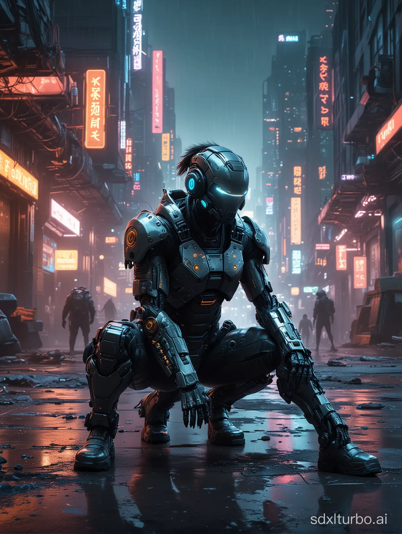 Cyberpunk warrior landing on the ground in a crouching position, urban background, futuristic, sci-fi, high-tech, dynamic pose, detailed environment, digital painting by Greg Rutkowsky and Gotham robots, neon lights, cinematic, realistic lighting, dystopian atmosphere, 4k resolution