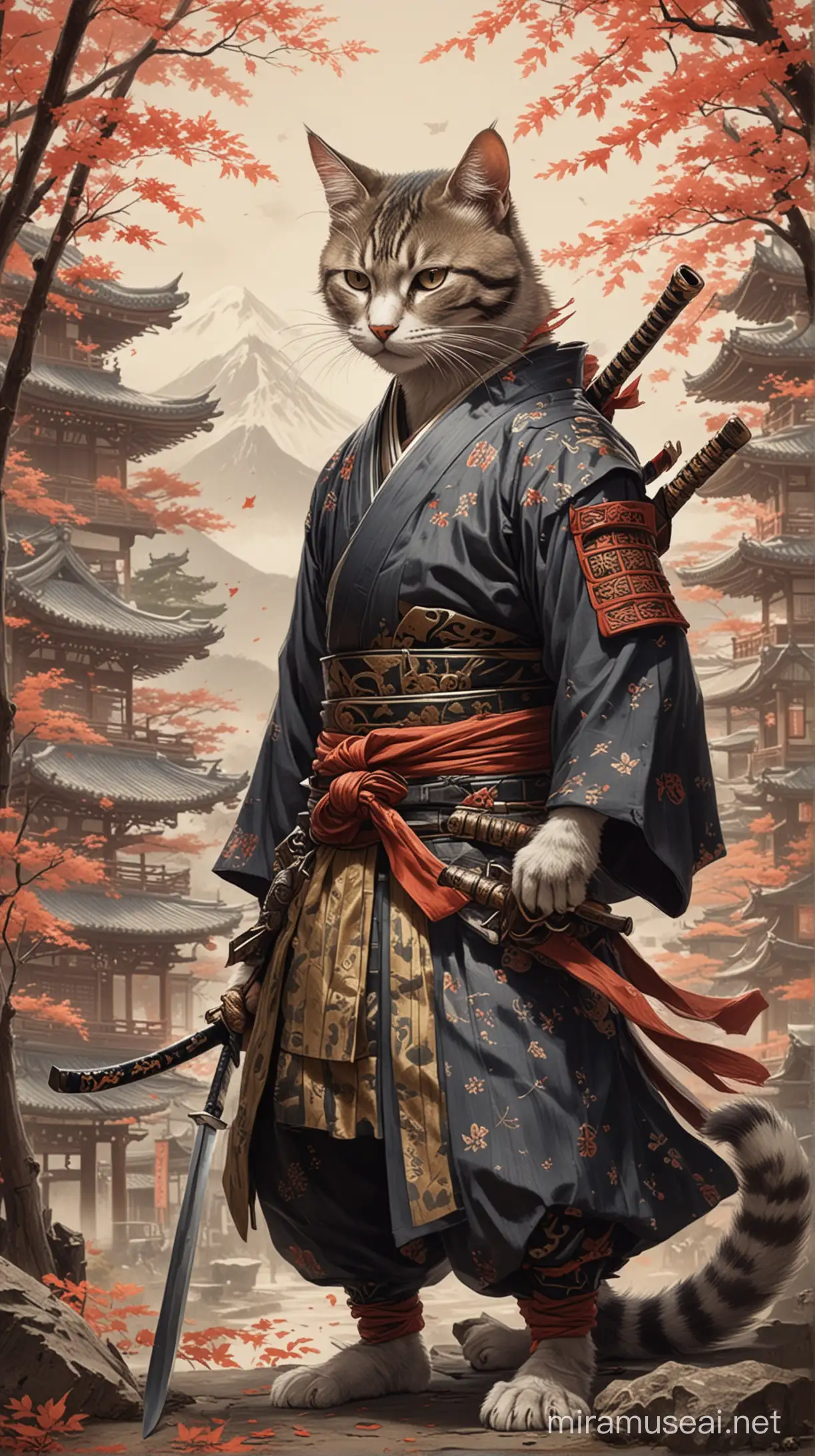 draw a stylized Samurai, with a cat's head and cat's limbs. add medieval Japan paraphernalia in the background