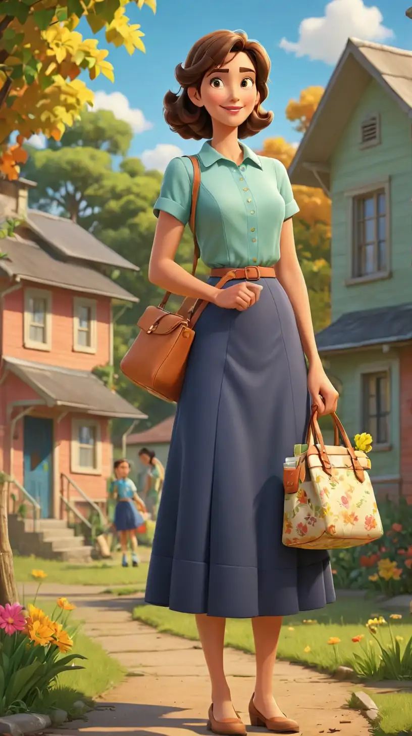 Create a 3D illustrator of an animated scene where a mother dressing like a responsible homemaker, with a handbag, is standing in a school ground. Beautiful and colourful background illustrations.