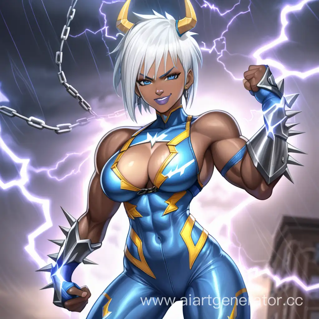 Lightning Storm, 1 Person, Women, Human, Horns, White Hair, Short hair, Spiky Hairstyle, Dark Brown Skin, Lightning Full Body Suit, Chocer, Chains, Blue Lipstick, Serious smile, Big Breasts, Blue-eyes, Sharp Eyes, Flexing Muscles, Big Muscular Arms, Big Muscular Legs, Well-toned body, Muscular body, Yellow Lightning