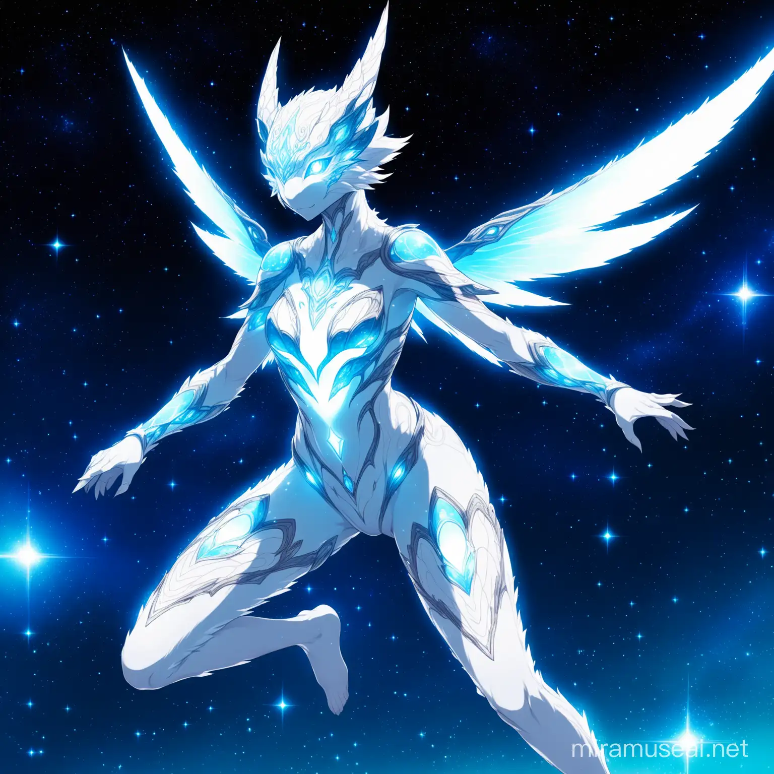 a fantasy creature with galactic luminous skin, it has luminous white eyes, in anime