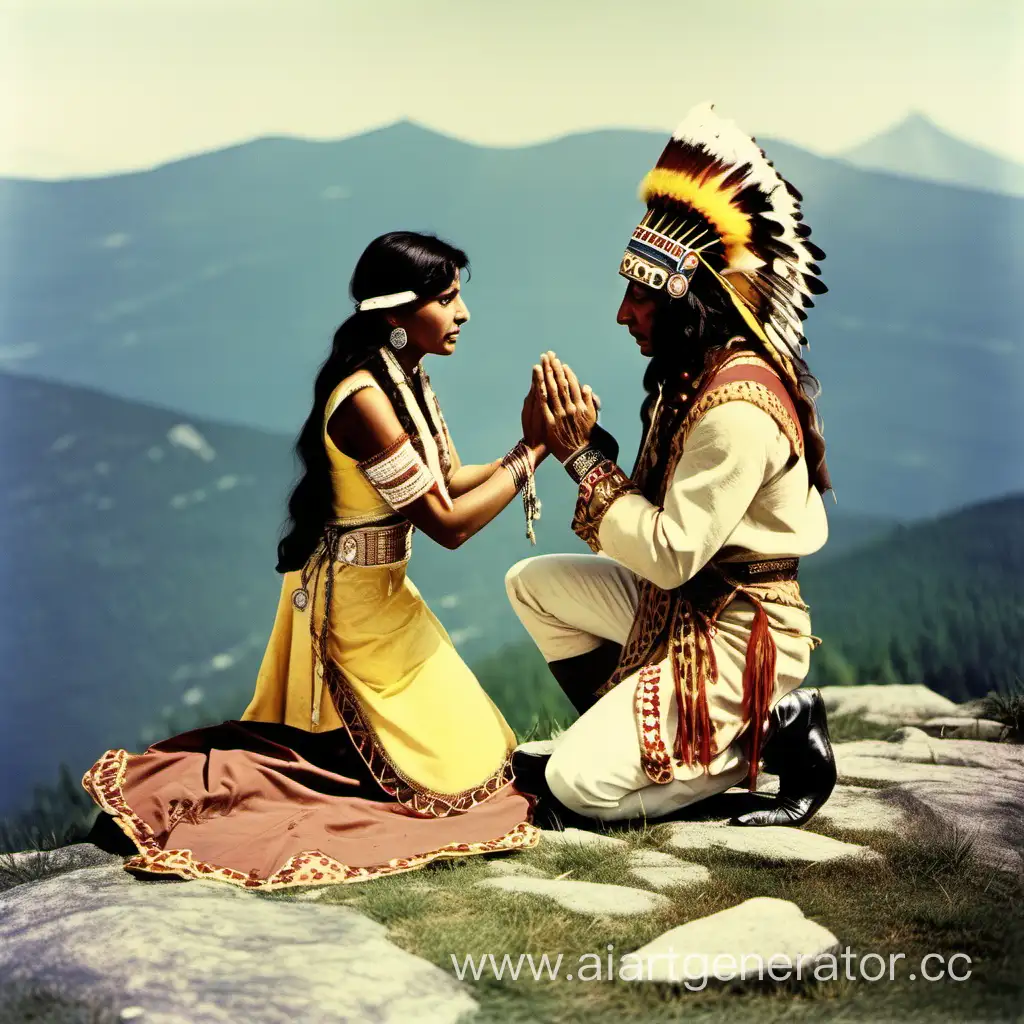 Great Indian spirit, kneeling down, proposing to Beautiful Indian maiden, on mountain top, color photo