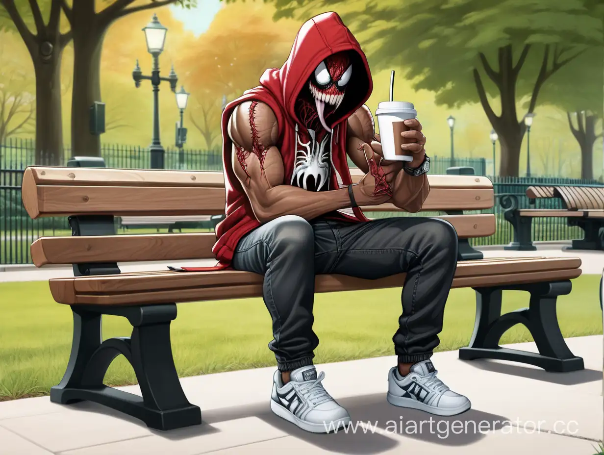 Menacing-Carnage-Sips-Coffee-on-Park-Bench