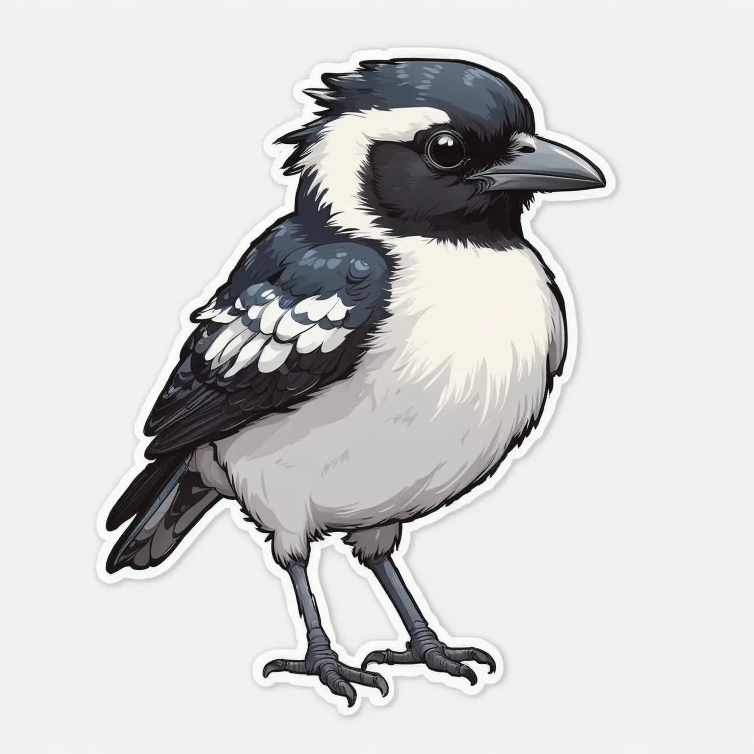 Sticker of a cute magpie full body, caricature style, bold lines, Die-cut sticker, vector, white background, isolated on a white background