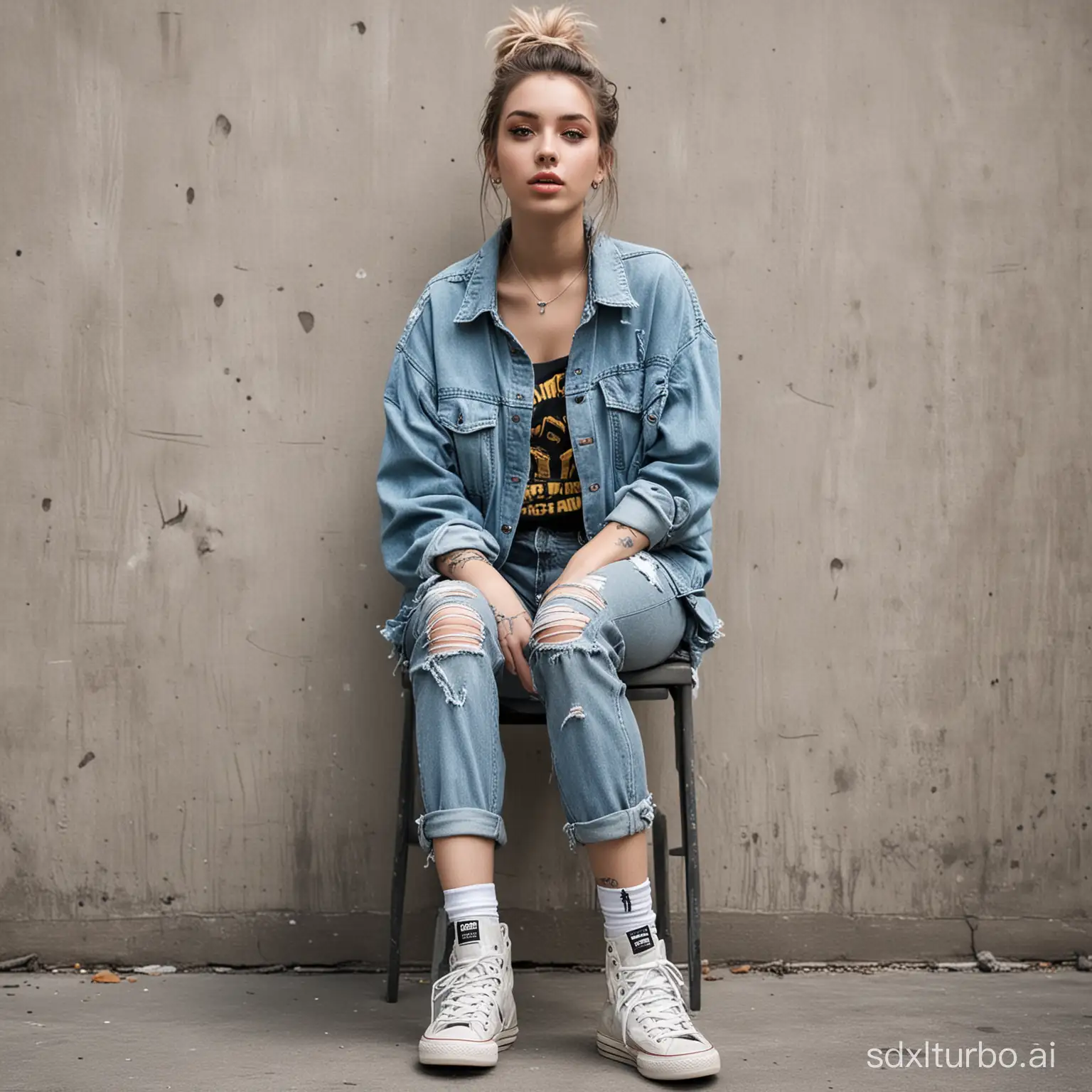 Grunge-Fashion-Girl-Portrait-in-Distressed-Layers-and-Neon-Accents