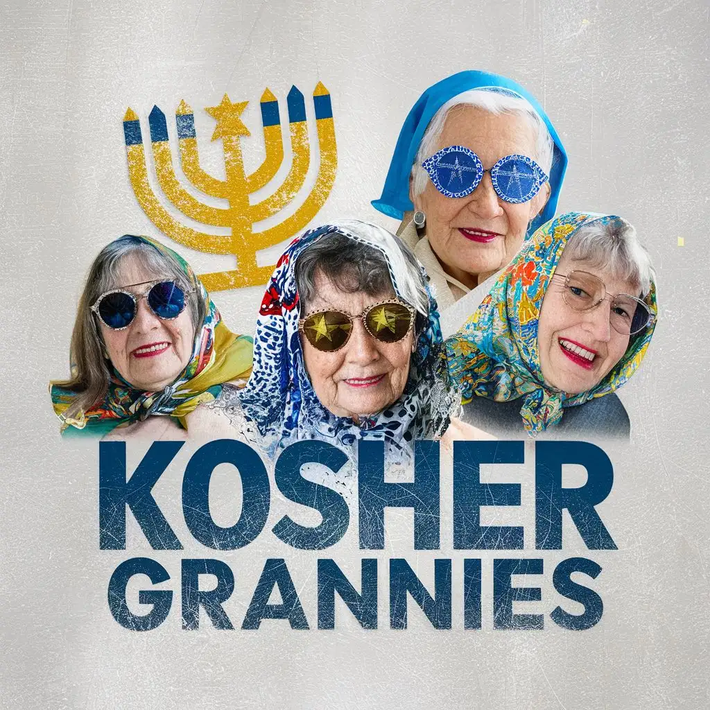 logo, Israel, yellow, blue, white, old school Israeli Jewish grannies with David star sunglasses, Israeli colorful headscarves, 7 branches Menorah, Paul Klee, with the text "Kosher Grannies", typography, be used in the Automotive industry