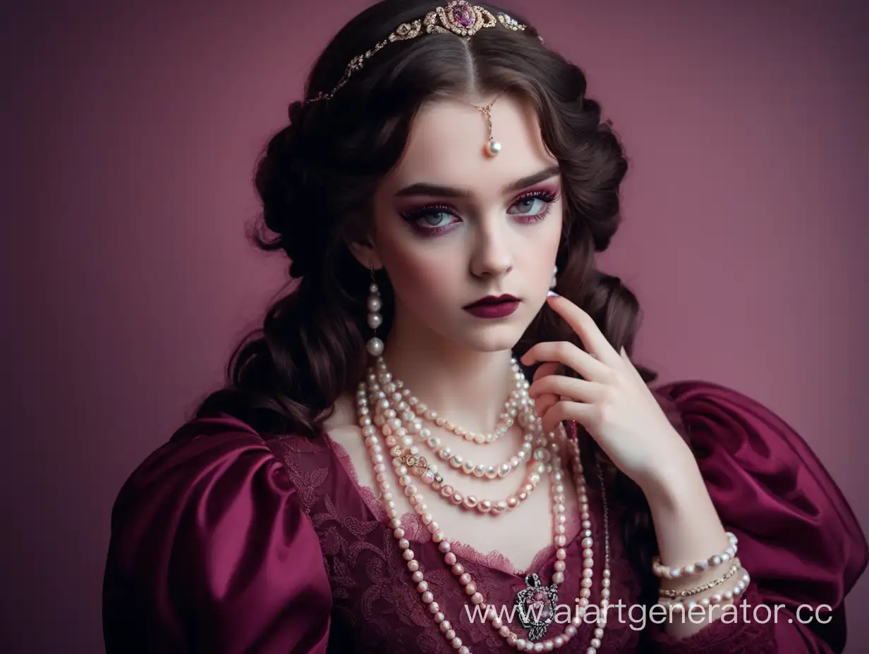 Elegant-Sadness-Burgundy-Antique-Dress-and-Pearl-Accessories