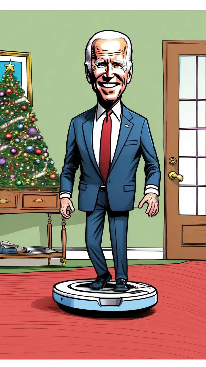 Cartoon Joe biden wearing a santa hat standing on a roomba