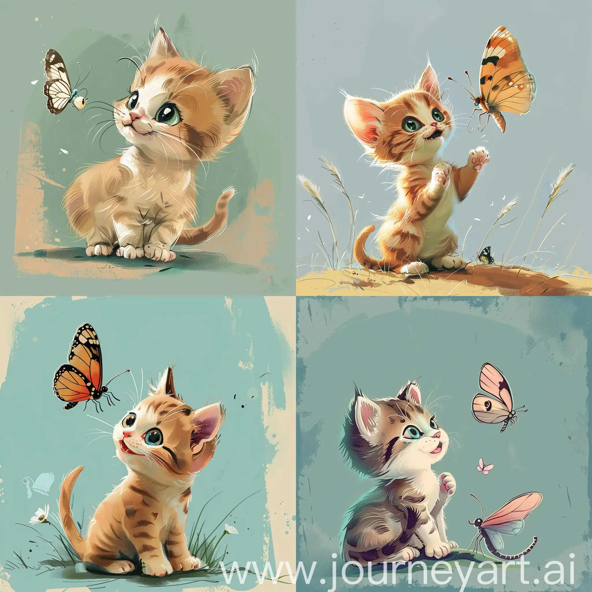 a kitten and a butterfly, cartoon style