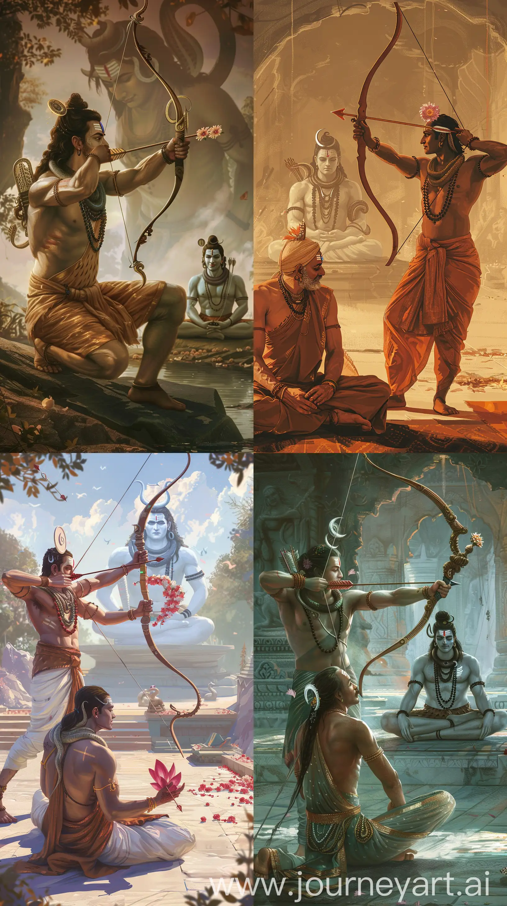 
Images depicting an Hindu deity in his thirties holding a bow and a flower arrow, aiming, Lord Shiva seated in a meditative pose infront, intricate details, 8k quality, serene and tranquil background --ar 9:16