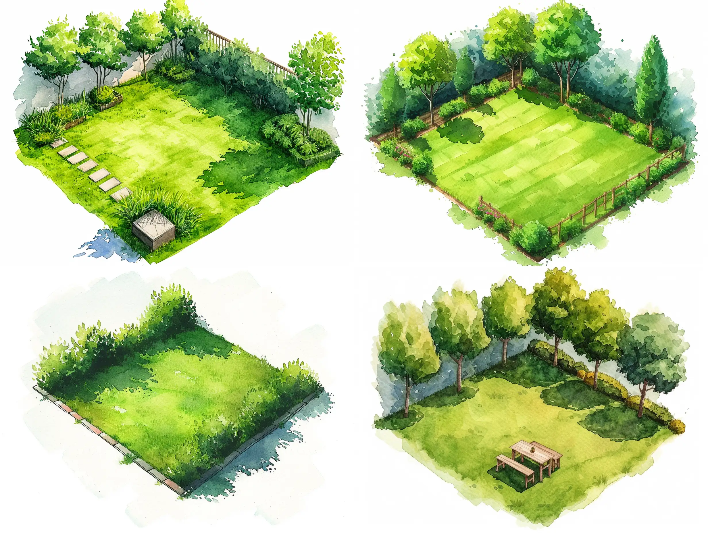 Watercolor a lawn, isometric view, birds-eye-view photo