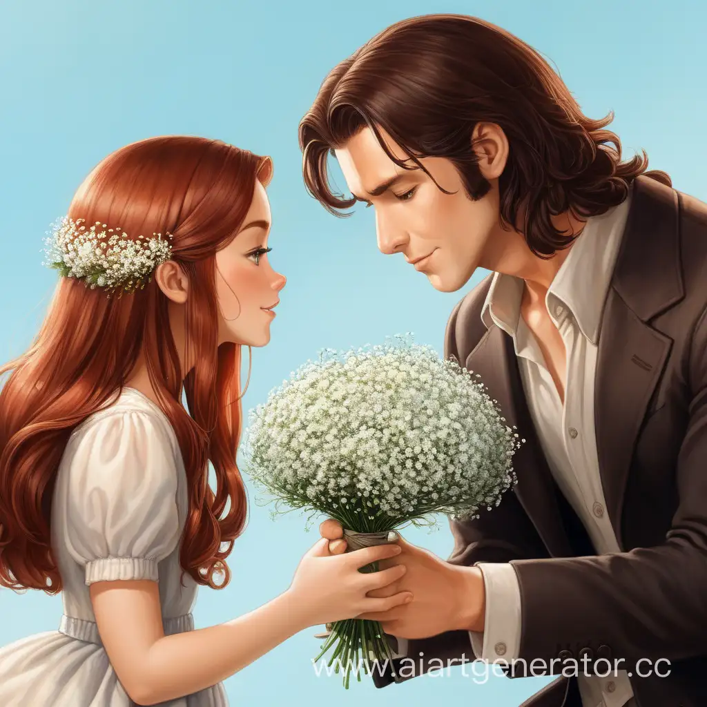 Romantic-Gesture-Brunette-Man-Giving-Babys-Breath-Flowers-to-LongHaired-Woman