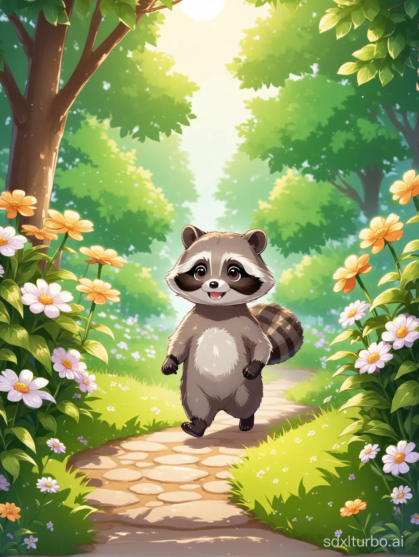 Garden-Exploration-Curious-Raccoon-Strolling-Amidst-Natures-Beauty