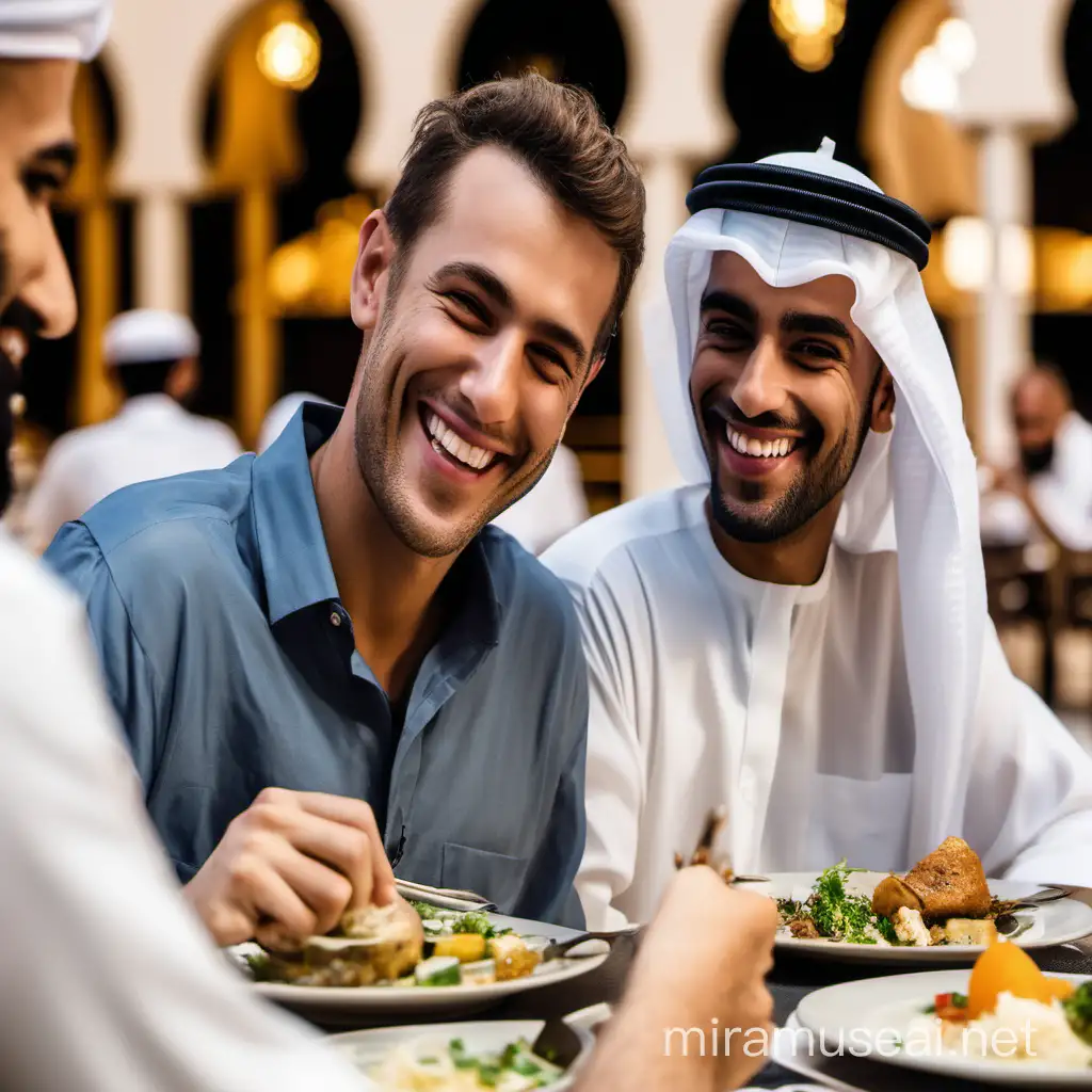 Joyful Conversation CloseUp Smiles of Two Men Sharing a Meal in Dubai