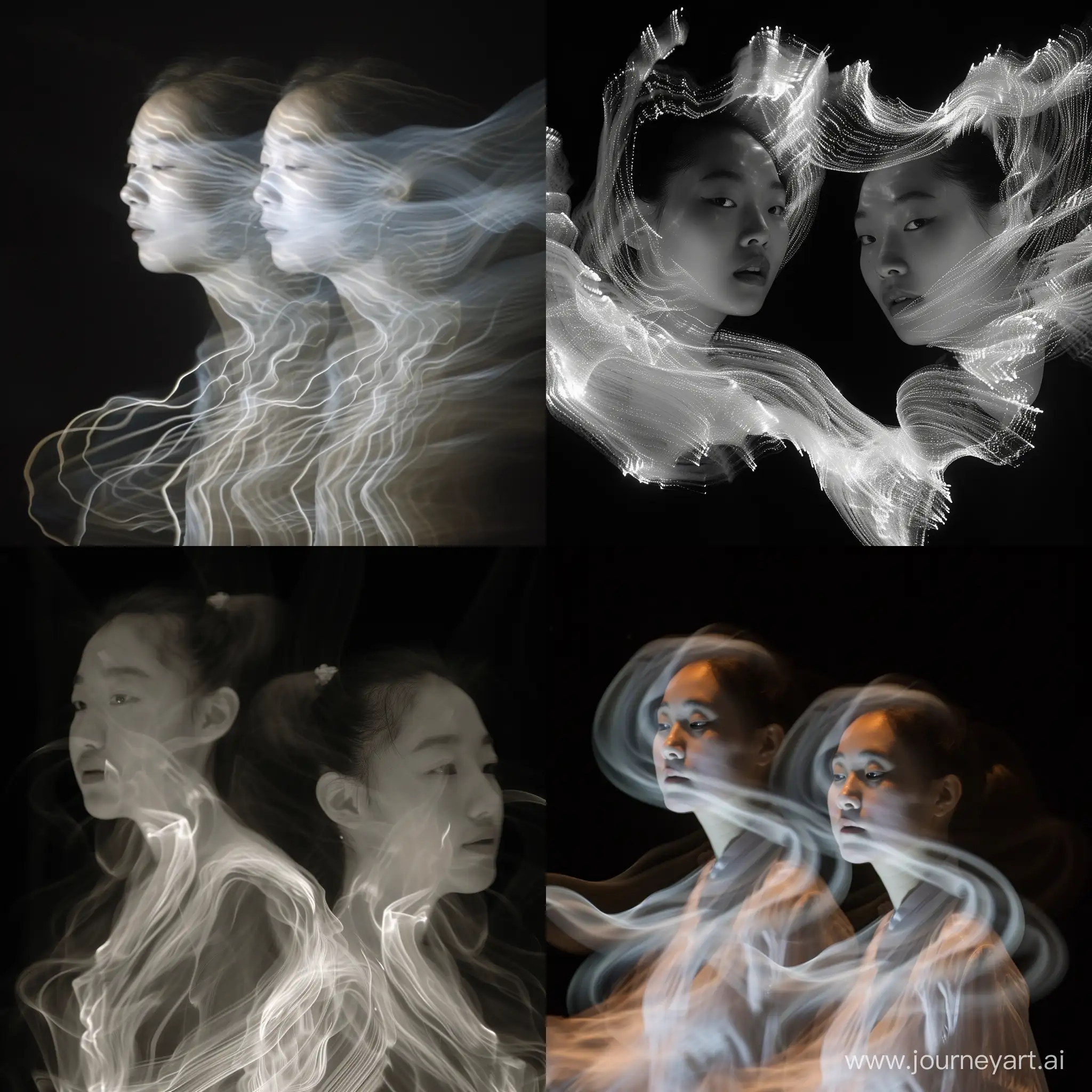 two light dancing girls in the image of rivers, their movements are light weightless, the girls' faces are Asian, their facial features are proud and majestic