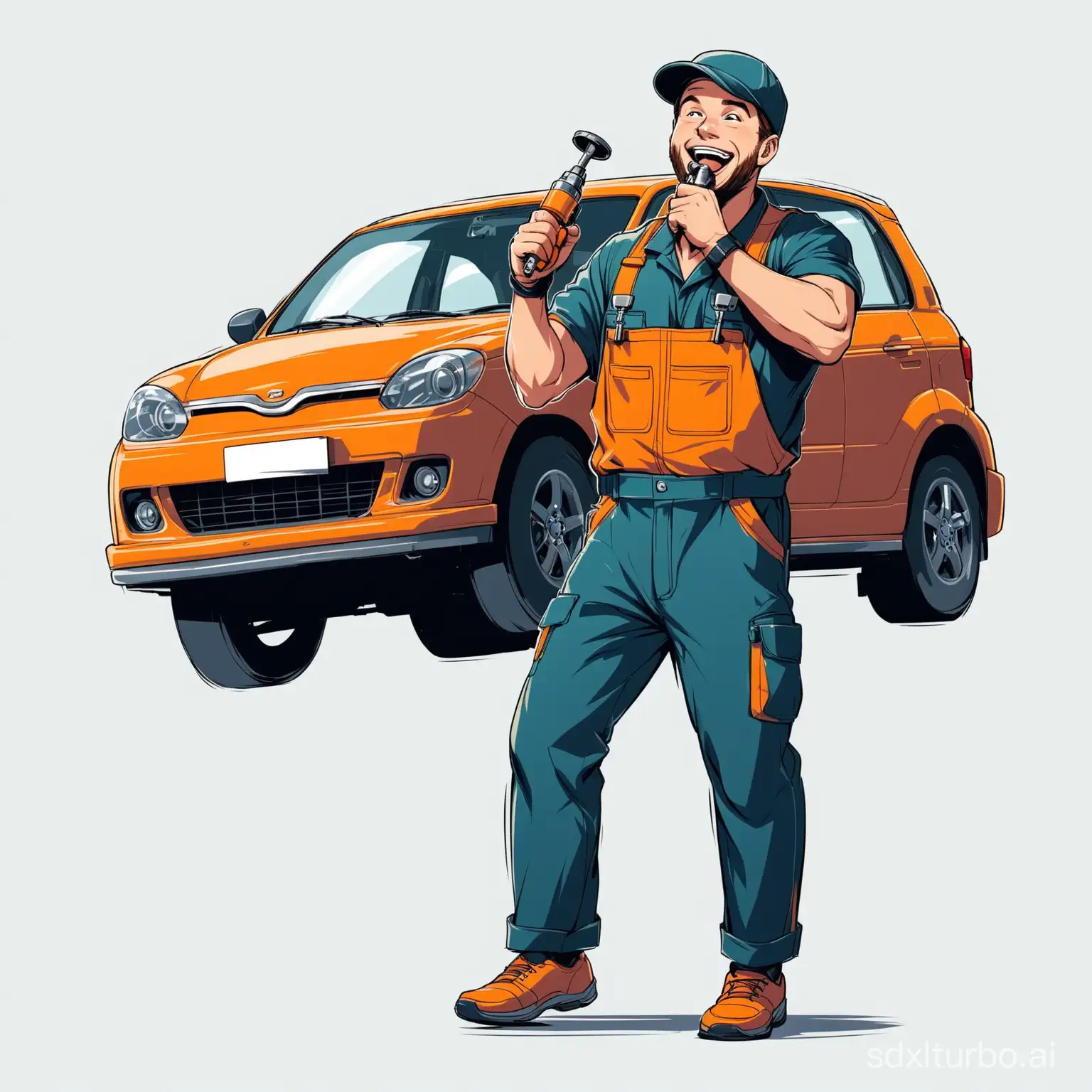 A cheerful car mechanic, a man in full height, runs and holds one mouthpiece, calls for purchase on a white background
