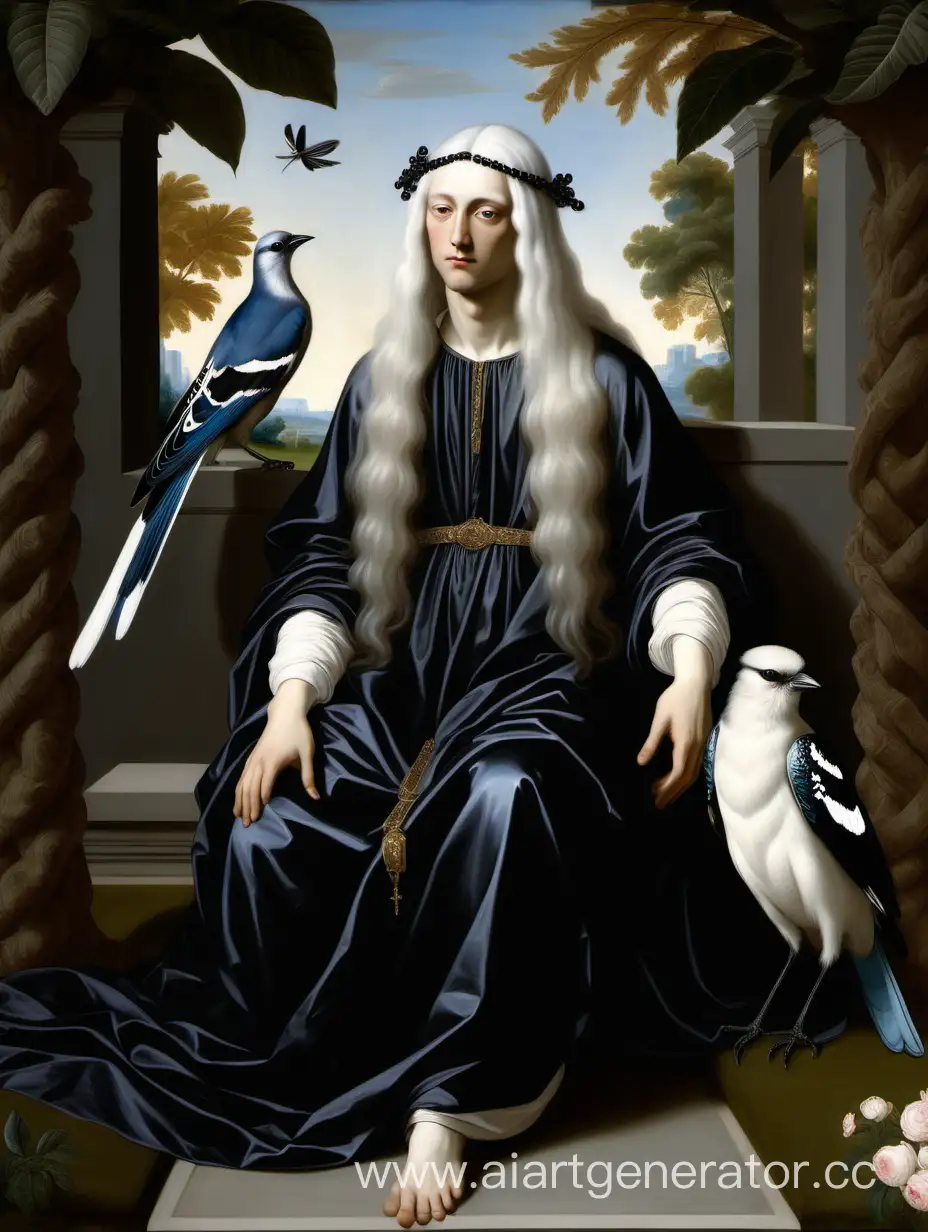 A Renaissance painting depicting the Almighty God in a young human form, dressed in a black chiton and fabrics, with long white hair falling below the shoulder blades and possessing an androgynous appearance. God in human form is sitting in the morning garden and a black-throated magpie jay is sitting on his arm