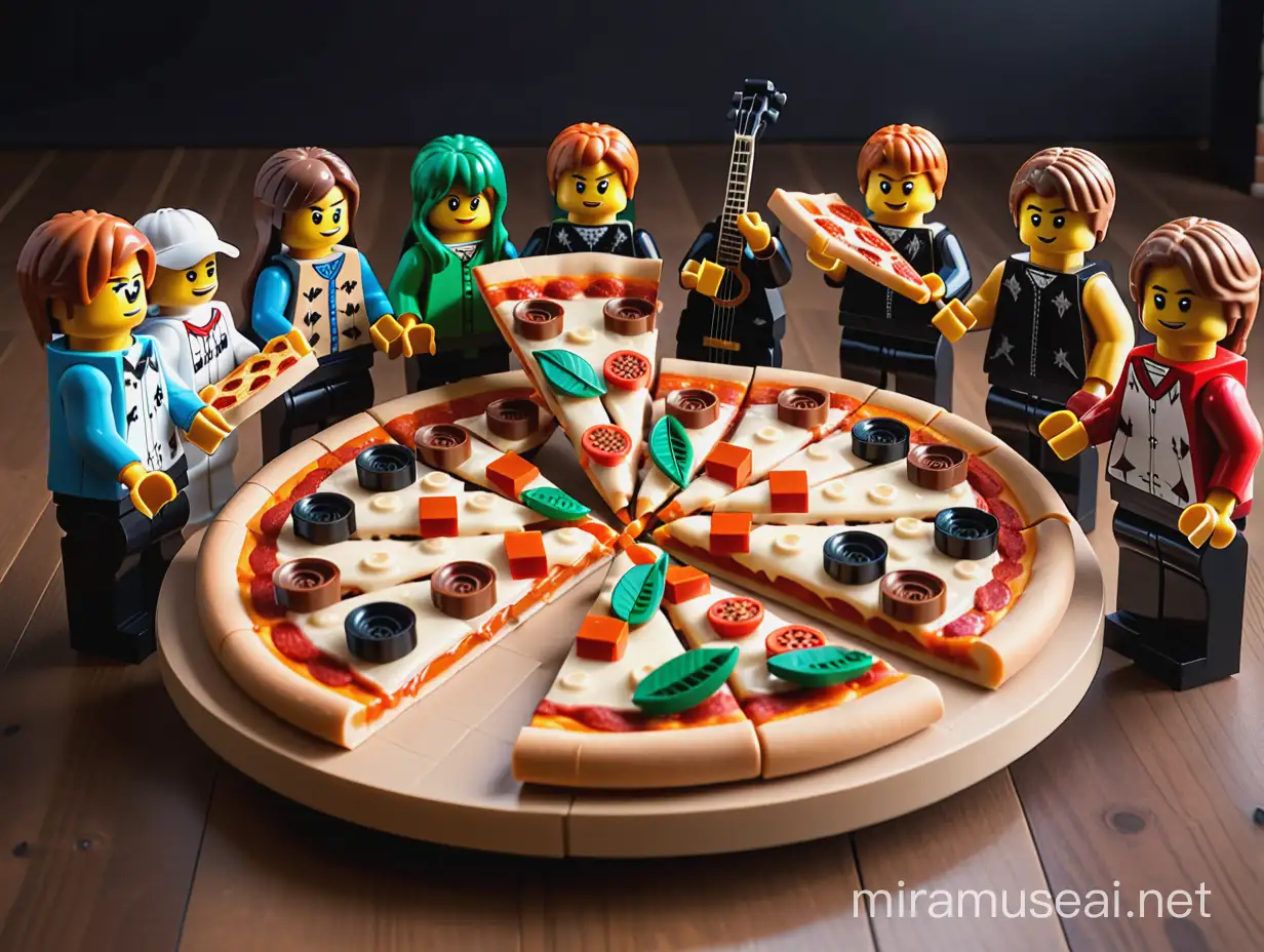 lego karakterleri ile müzikal grup ve bu müzikal grup lego ile yapılmış pizza dilimini yesinler
