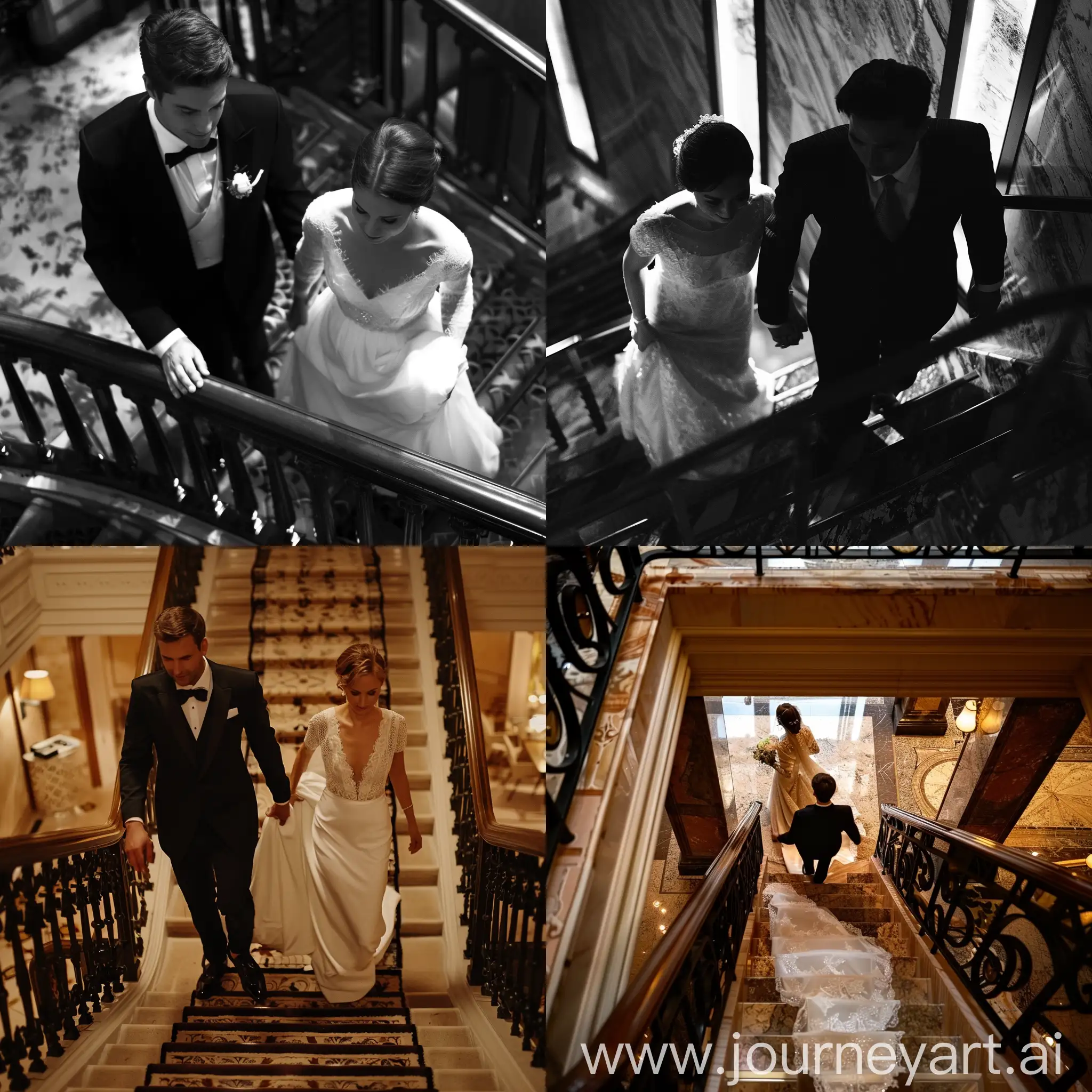 жених и невеста спускаются вниз по лестнице в гостинице