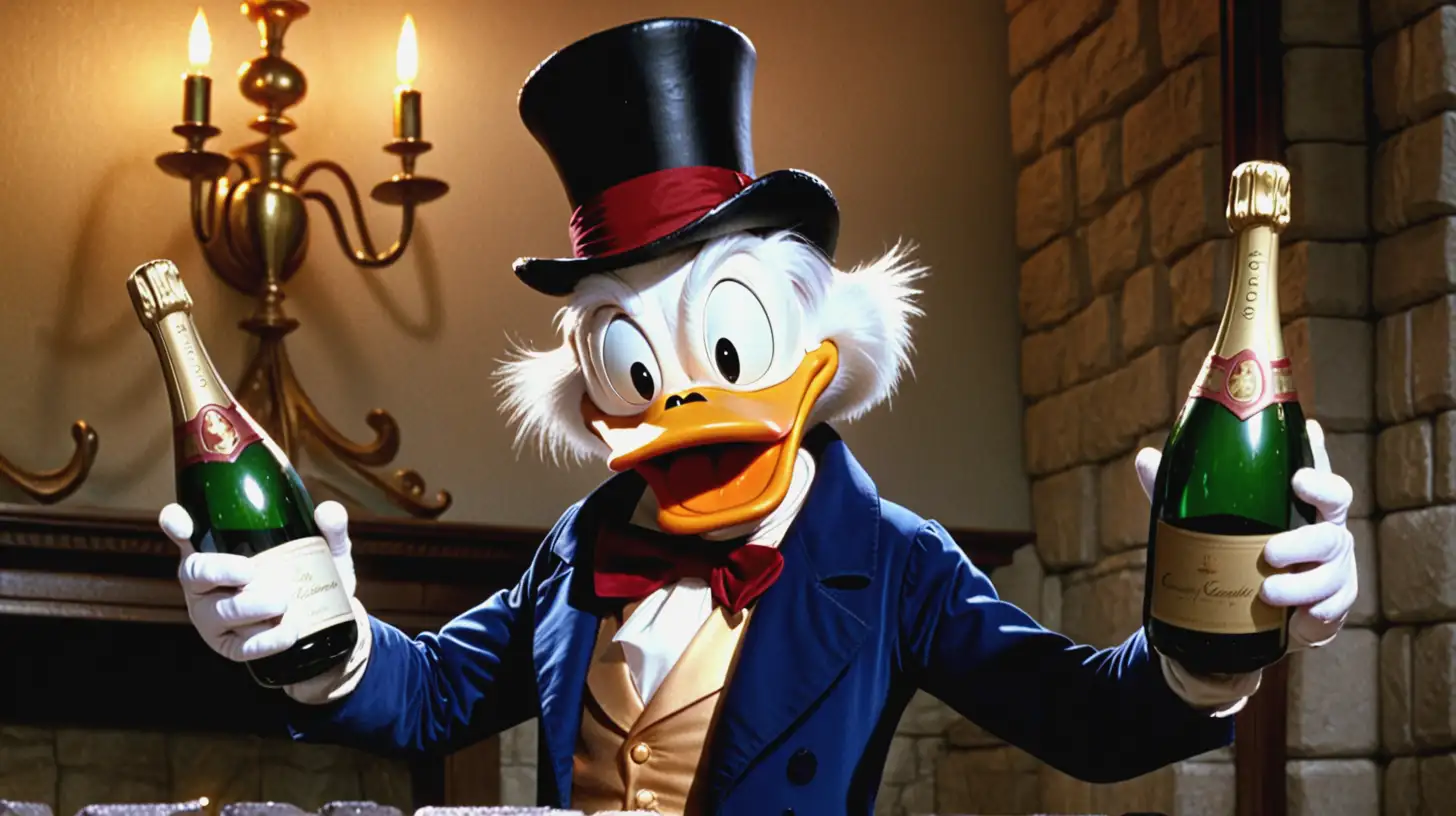 Scrooge McDuck holding two champagne bottles.
