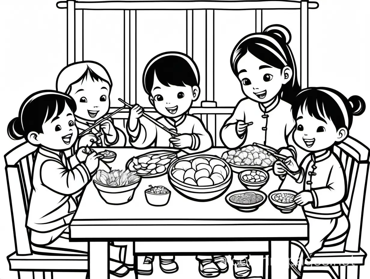Chinese New Year family eating dinner , Coloring Page, black and white, line art, white background, Simplicity, Ample White Space. The background of the coloring page is plain white to make it easy for young children to color within the lines. The outlines of all the subjects are easy to distinguish, making it simple for kids to color without too much difficulty