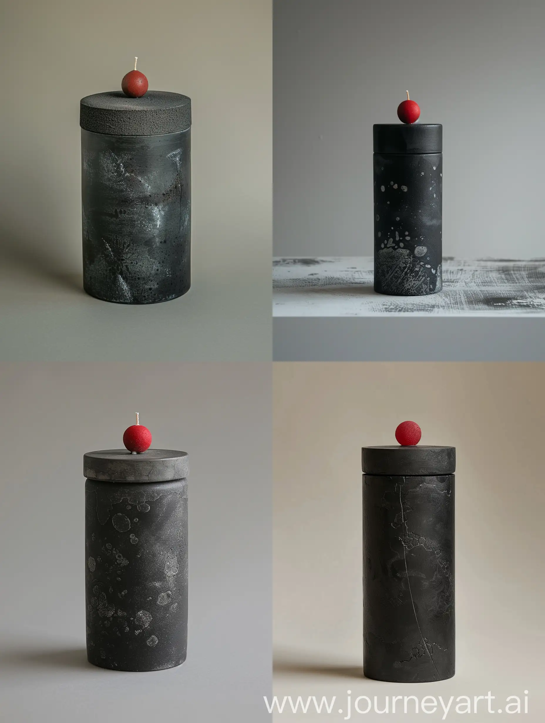A asthetic, realistic black cyliner cement container has a cap with a single regular-sized red bead-shape on top of its cap, intended to hold a scented candle